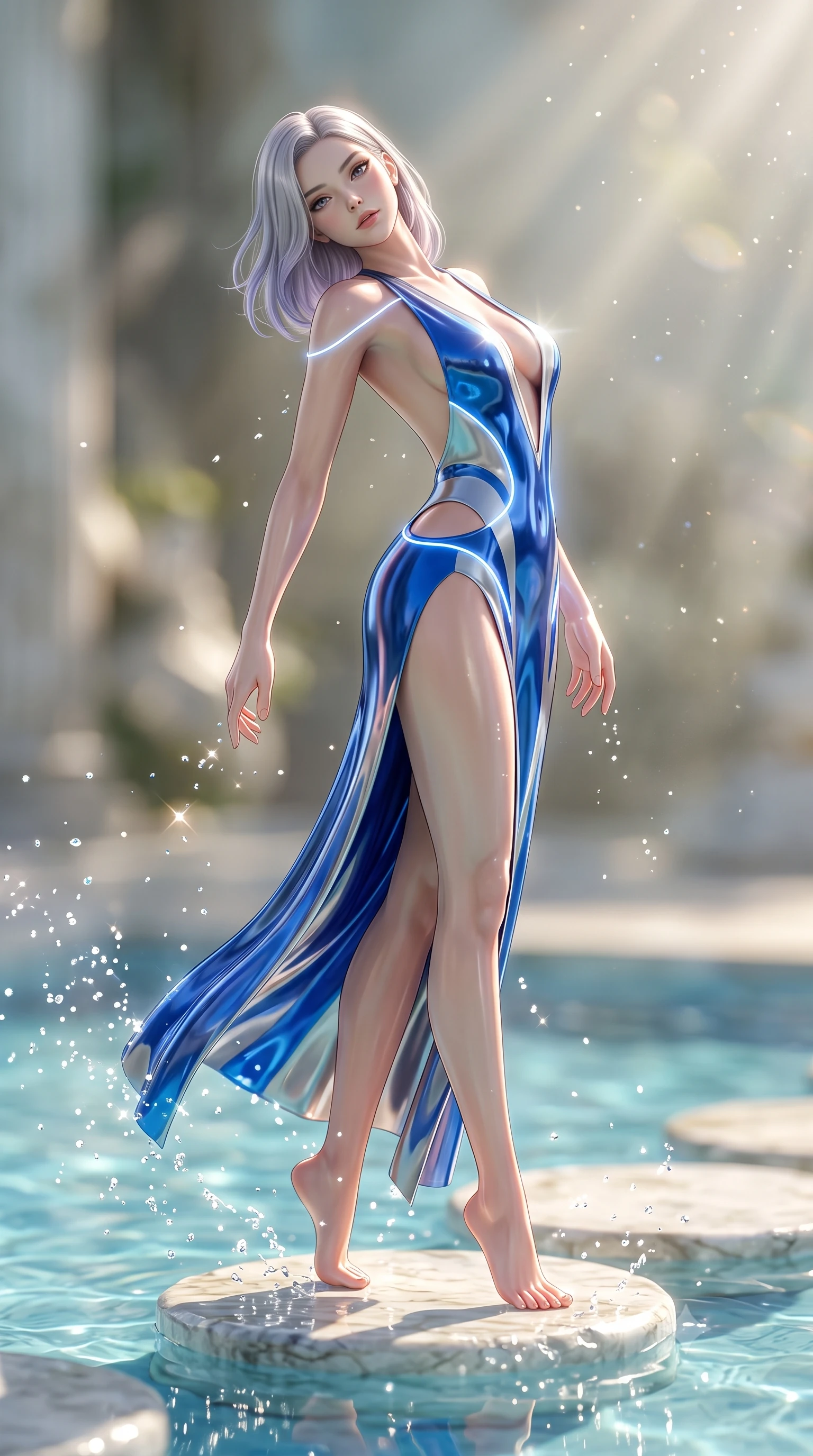 score_9, masterpiece, best quality, ultra-detailed, high-budget anime keyframe, semi-realistic 3D game render, editorial fashion photography, tasteful artistic composition, Caucasian woman. low angle full-body shot from head to toe showing her feet, filling the entire 9:16 vertical frame with her statuesque presence, stretching her vertical silhouette. arching her back in a fluid zero-gravity turn with sovereign grace, her long slender legs and sculpted torso creating a sweeping line while pivoting dynamically on a submerged marble stepping stone as sunbeams penetrate the crystal pool. The composition keeps background elements in soft focus with creamy bokeh. sparkling water droplets scattering bright morning sun motes across a serene backdrop. She has an absolutely perfect, statuesque 8.5-heads proportion, an exceptionally tall and slender model-like female figure with impossibly long slender legs, a toned flat midriff, and an ultra-slim waist. sharp v-shaped jawline, high-bridge nose, intricate jewel-like eyes with depth, thick eyelashes, glossy lips with a natural sheen, flawlessly proportioned anatomical accuracy, strict slender model proportions, natural body alignment, perfectly sculpted long slender limbs, ultra-slim waistline, clean dynamic posture without body distortion. wearing a backless crimson crushed velvet gown with a deep plunging V-neckline, strategic hip cutouts, and an ultra-high thigh slit in liquid electric cobalt blue and polished silver, crafted from ultra-reflective second-skin latex with a high-gloss glass-like polish, accented with glowing fiber-optic seams tracing her collarbones and hip curves, the liquid-tight tailored fabric emphasizing every curve of her tall, slender model proportions and sculptured silhouette during dynamic movement. illuminated by sparkling water droplet refractions and crisp white key lighting. highly saturated vibrant anime colors, detailed shading with soft gradients, rich glossy textures, high-contrast stereoscopic depth, volumetric dynamic lighting, master piece, 9:16 ratio