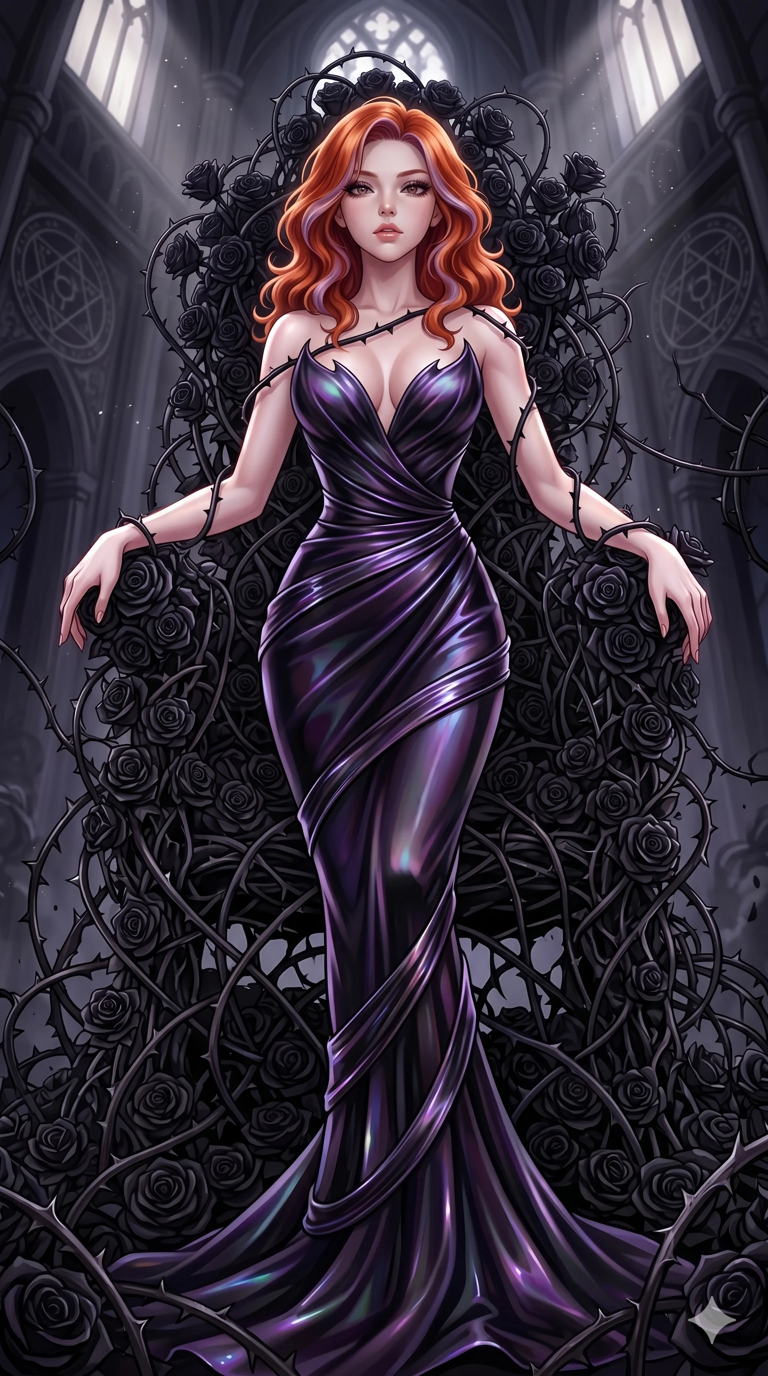 score_9, masterpiece, best quality, ultra-detailed, High-budget Anime Keyframe, East Asian woman. Dynamic full-body shot stretching the vertical silhouette to the limit. Scenario 160: Resting on a throne of black roses, thorns grazing her skin. Her presence is magnetic and overpowering in this high-budget anime scene. Outfit 160: A molten liquid silk decorative silk bands with a sculpted V-neckline and tight-fitting silhouette. The clothing is designed to emphasize her exceptionally tall and slender 8-heads proportion. 8-heads proportion, towering silhouette, ultra-slim waist. sharp v-shaped jawline, intricate jewel-like eyes with depth, thick eyelashes, glossy lips. 2k, ultra detail, master piece, 9:16 ratio