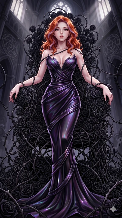 score_9, masterpiece, best quality, ultra-detailed, High-budget Anime Keyframe, East Asian woman. Dynamic full-body shot stretching the vertical silhouette to the limit. Scenario 160: Resting on a throne of black roses, thorns grazing her skin. Her p