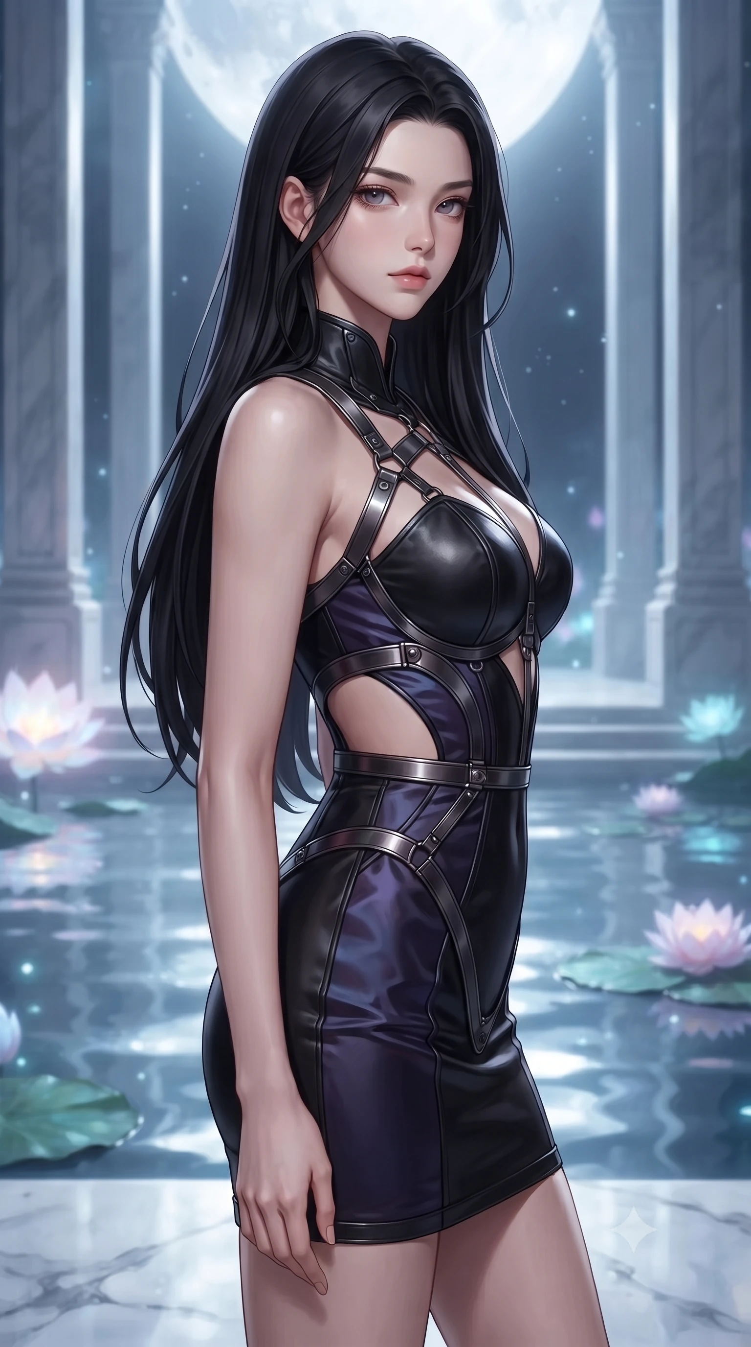 score_9, masterpiece, best quality, ultra-detailed, high-budget anime keyframe, editorial fashion photography, tasteful artistic composition, Korean woman. close-up cowboy shot from the waist and thighs up, the character dominates the composition, filling the frame with her large presence, background elements kept in soft focus. Turning her face in sharp dramatic profile against the key light, looking directly into the camera with a calm, magnetic self-assurance, full moon rays casting cold silver beams across the white marble water hall. She has an exceptionally elegant, slender, and willowy female figure with an ultra-slim waist, a gracefully sculpted slender torso, and a refined silhouette. sharp v-shaped jawline, high-bridge nose, intricate jewel-like eyes with depth, thick eyelashes, glossy lips with a natural sheen. wearing architectural cut-out dark leather mini dress with sculpted metallic boning in pitch-black onyx, made of iridescent dark violet taffeta, highlighted by a gunmetal metallic harness structure, following her slender form with tailored precision. bathed in subtle lotus bioluminescence and bright marble highlights. highly saturated vibrant anime colors, detailed shading with soft gradients, rich glossy textures, high-contrast stereoscopic depth, volumetric dynamic lighting, master piece, 9:16 ratio