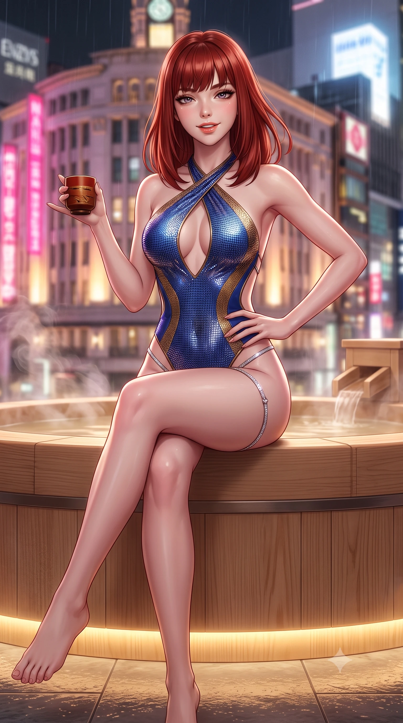 score_9, masterpiece, best quality, ultra-detailed, high-budget anime keyframe, semi-realistic 3D game render, editorial fashion photography, tasteful artistic composition, Caucasian woman. close-up cowboy shot from the waist and thighs up, the character dominates the composition, filling the frame with her large presence. twisting her slender torso in an alluring contrapposto stance, one hand resting on her sculpted hip while her fingers toy with her hair with effortless poise while sitting perched on the wide hinoki wood rim with legs crossed, holding a lacquered wooden sake cup with an enchanting, parted-lip smile. The background shows a soft-focus rain-slicked Ginza high-rise neon signs, towering luxury department store facades, and rising aromatic wood steam blurred into neon-pink, gold, and charcoal bokeh. She has an exceptionally elegant, slender, and willowy female figure with an ultra-slim waist, flat toned midriff, narrow ribcage, and sculpted feminine hips creating an alluring, slim hourglass silhouette without bulk. sharp v-shaped jawline, high-bridge nose, sparkling eyes with hypnotic seductive depth, thick curled eyelashes, glossy parted lips with a natural dewy peach sheen, alluring bedroom-eyes with an enchanting coquettish smile, exuding magnetic siren charisma and sophisticated glamour, flawlessly proportioned anatomical accuracy, strict slender model proportions, natural body alignment, perfectly sculpted long slender limbs, ultra-slim waistline, clean dynamic posture without body distortion. wearing a criss-cross halterneck keyhole bodysuit with open back and sculpted waist darts in royal lapis lazuli and burnished brass, crafted from shimmering fluid chainmail mesh reflecting ambient lights, finished with delicate crystal-encrusted thigh garter straps glinting in the dim light, the form-contouring silhouette accentuating her sculpted flat midriff, narrow delicate ribcage, and gracefully curvy hips with intoxicating allure. bathed in soft 2700K concealed warm LED cove lighting glowing beneath the floating hinoki platform. highly saturated vibrant anime colors, detailed shading with soft gradients, rich glossy textures, high-contrast stereoscopic depth, volumetric dynamic lighting, master piece, 9:16 ratio