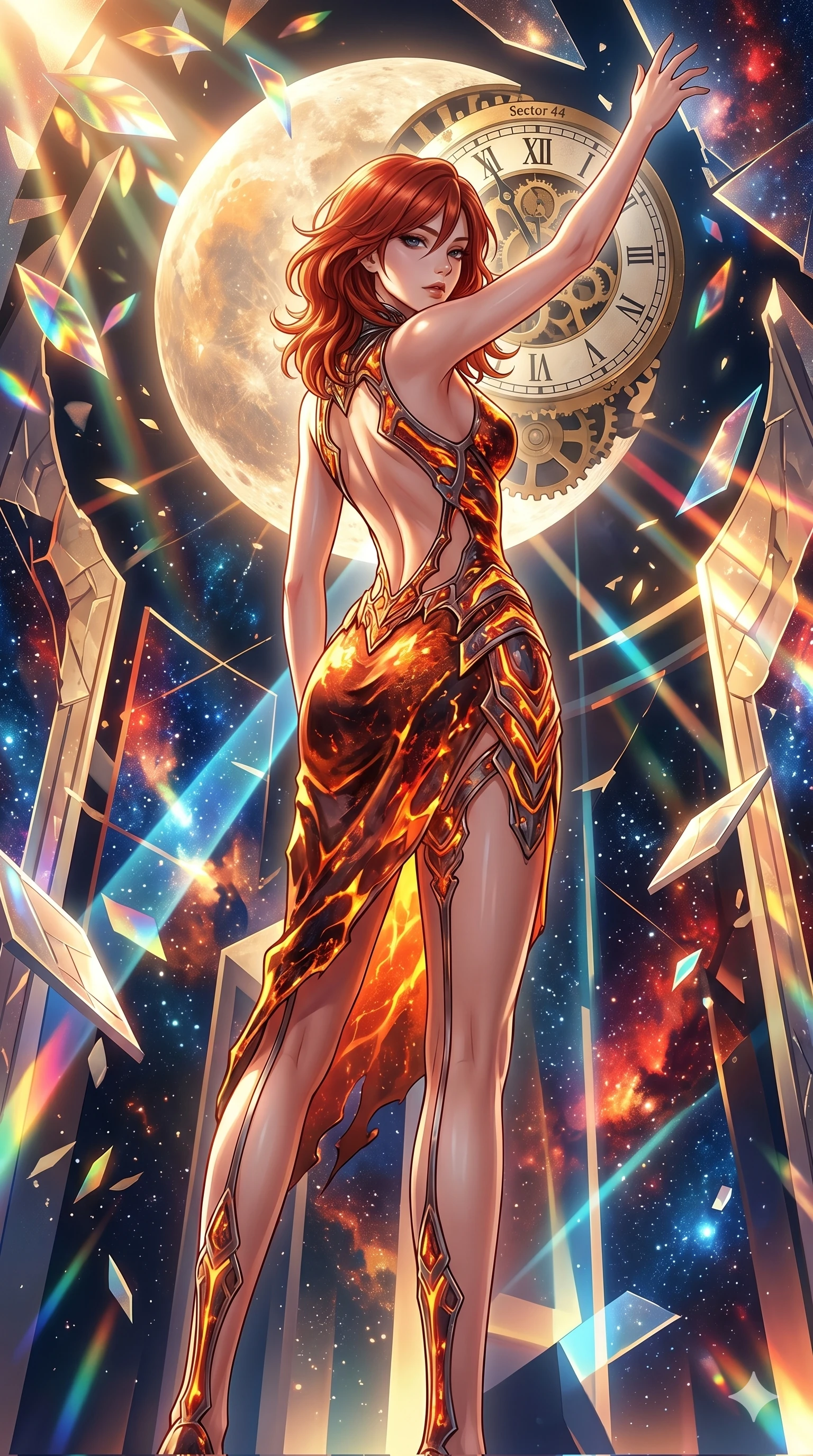 score_9, masterpiece, best quality, ultra-detailed, Set A: High-budget Anime Keyframe, Japanese woman. Low angle cowboy shot filling the entire 9:16 frame with her statuesque presence. Theme: Abstract Cosmic. shattering the fabric of reality in a temple made of solid light, with a massive clockwork moon ticking behind her as sector 44. The atmosphere is filled with cinematic sunlight through leaves. She has an absolutely perfect 8-heads proportion, an exceptionally tall and slender female figure with impossibly long slender legs and an ultra-slim waist. Sharp v-shaped jawline, high-bridge nose, intricate jewel-like eyes with depth, glossy lips. Wearing Lava-textured metallic dress that glows with an internal fire, featuring an open back. Cinematic lighting, vivid colors, dramatic shadows, 2k, ultra detail, master piece, 9:16 ratio