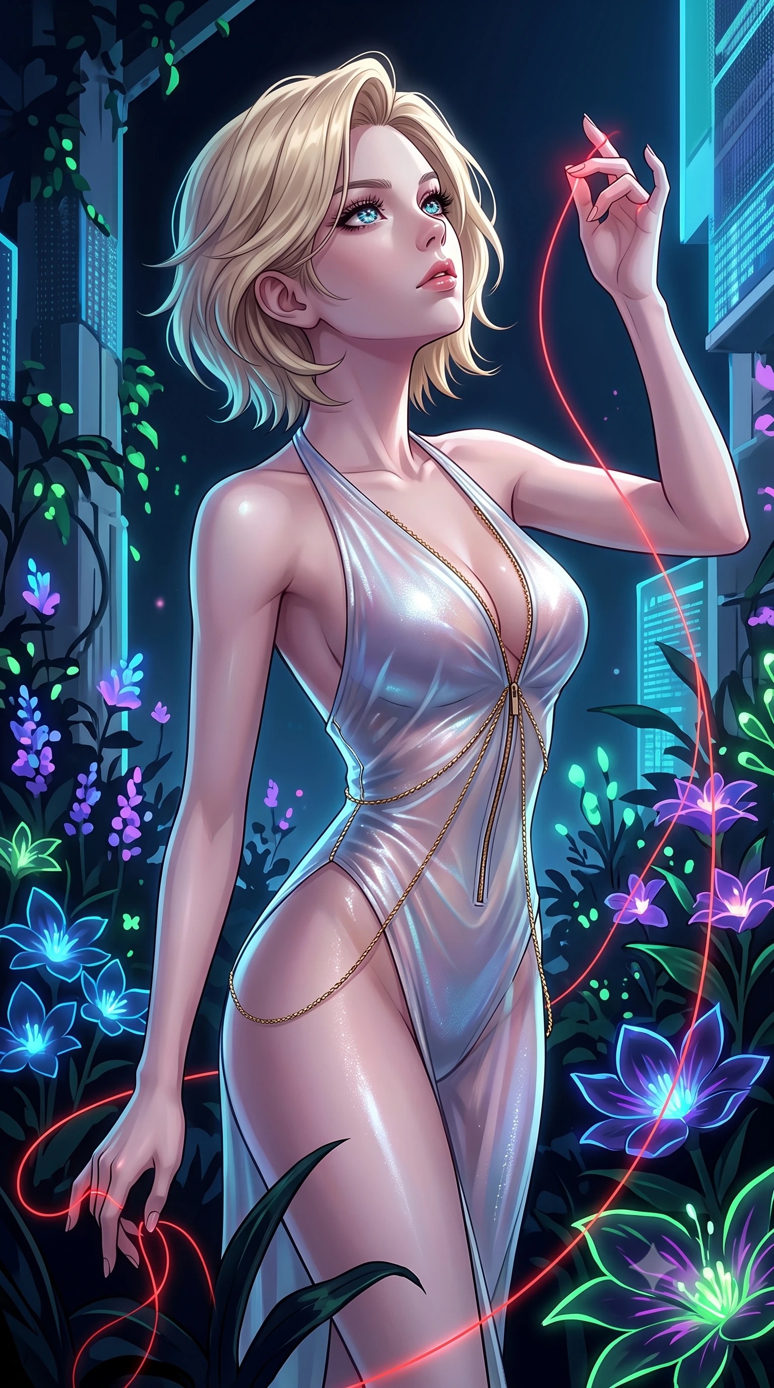 score_9, masterpiece, best quality, ultra-detailed, High-budget Anime Keyframe, Caucasian woman, strictly human ears. Low angle cowboy shot filling the entire 9:16 frame with her statuesque presence. Scenario 369: tracing a glowing red thread of fate with her fingers in a virtual garden where neon flowers bloom in the dark. Her presence is magnetic and overpowering in this high-budget anime scene. Outfit 369: a form-contouring shimmering chiffon liquid with a unzipped detail and fine gold chains. The clothing is designed to emphasize her exceptionally tall and slender 8-heads proportion. 8-heads proportion, towering silhouette, ultra-slim waist. sharp v-shaped jawline, intricate jewel-like eyes with depth, thick eyelashes, glossy lips. 2k, ultra detail, master piece, 9:16 ratio