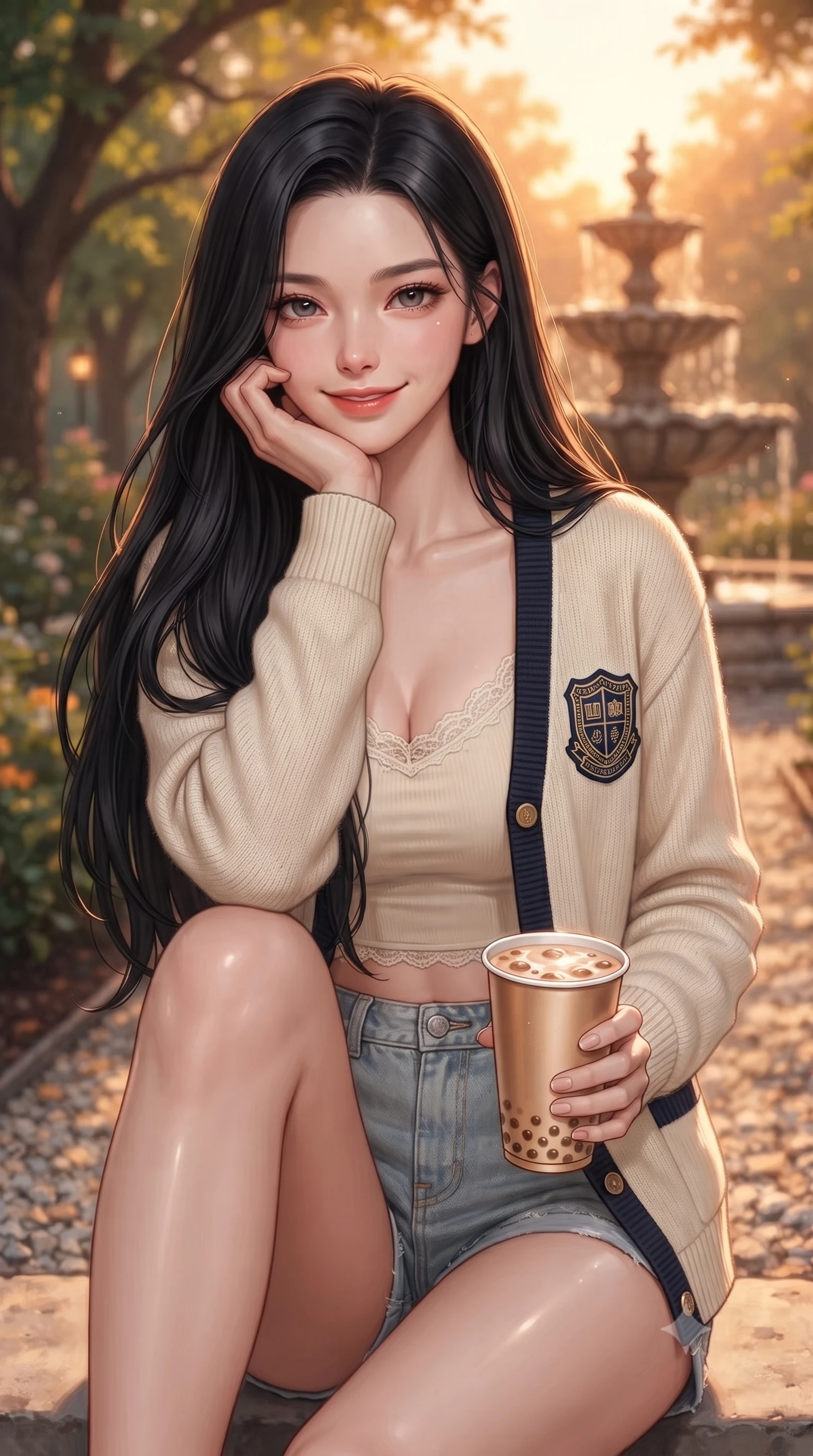score_9, masterpiece, best quality, ultra-detailed, high-budget anime keyframe, editorial fashion photography, tasteful artistic composition, Korean woman. close-up cowboy shot from the waist and thighs up, the character dominates the composition, filling the frame with her large presence, background elements kept in soft focus. smiling cutely while resting her chin on her hand, looking directly into the lens set against a soft-focus background of walking down a leafy pathway of a quiet university garden with stone fountains holding a warm paper cup of milk tea with bubbles. She has an exceptionally elegant, slender, and willowy female figure with an ultra-slim waist, a gracefully sculpted slender torso, and a refined silhouette. sharp v-shaped jawline, high-bridge nose, intricate jewel-like eyes with depth, thick eyelashes, glossy lips with a natural sheen. wearing slim-fit delicate lace-trim crop top in cream, worn under an open preppy cardigan and denim shorts. golden hour sunset light casting a peaceful, cozy orange wash across the lawns. ultra-reflective glossy finish, specular highlights, metallic sheen, high-contrast stereoscopic depth, volumetric dynamic lighting, 2k, ultra detail, master piece, 9:16 ratio