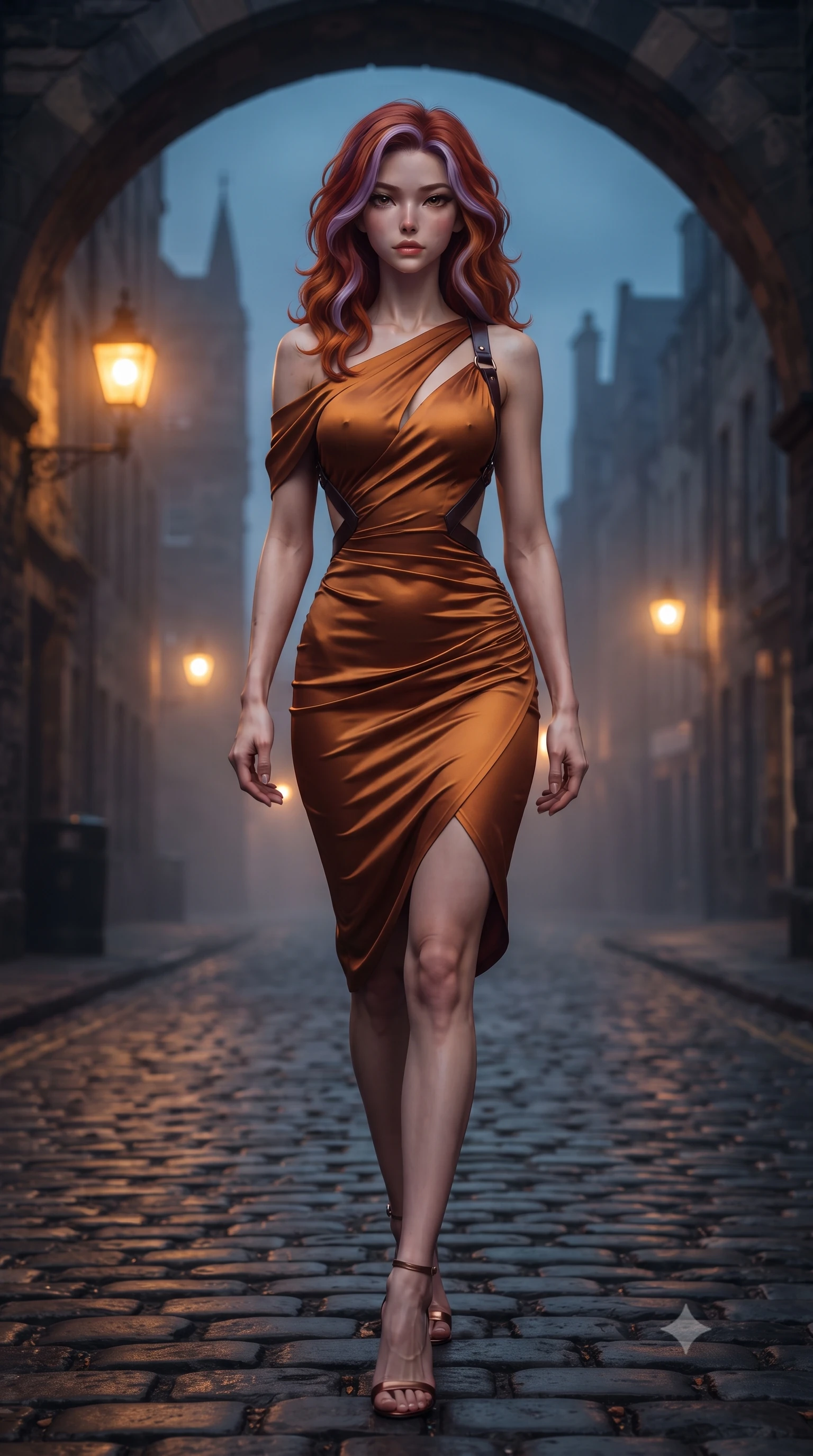 score_9, masterpiece, best quality, ultra-detailed, high-budget anime keyframe, editorial fashion photography, tasteful artistic composition, Caucasian woman. low angle full-body shot from head to toe showing her feet, filling the entire 9:16 vertical frame with her statuesque presence, stretching her vertical silhouette. striding forward in a proud supermodel runway stride, hips swaying in an alluring kinetic rhythm that accentuates her curvy hourglass silhouette while standing poised under a stone archway leading to the historic wynd, twisting her slender torso in an alluring S-curve in the evening mist. The composition keeps background elements in soft focus with creamy bokeh. glowing amber gas lamps and towering stone gables blurred into deep amber, charcoal, and twilight-indigo bokeh. She has an exceptionally tall and slender model-like 8.5-heads proportion, an ultra-slim waist, a flat toned midriff, narrow delicate ribcage, and beautifully sculpted feminine hips creating a graceful, slim hourglass silhouette without any bulky heaviness, with impossibly long slender legs. sharp v-shaped jawline, high-bridge nose, intricate jewel-like eyes with depth, thick eyelashes, glossy parted lips with a natural sheen, intensely captivating and seductive bedroom-eyes expression, flawlessly proportioned anatomical accuracy, strict slender model proportions, natural body alignment, perfectly sculpted long slender limbs, ultra-slim waistline, clean dynamic posture without body distortion. wearing a form-contouring cocktail dress with an asymmetrical open shoulder and hip-defining ruching in rich copper bronze and warm amber, made of fluid silk crepe with delicate inner corsetry boning, featuring an open-back criss-cross harness strap in dark leather, the precision-cut side openings and low-back scoop framing her graceful spine and the sensual sweep of her slim, toned hips. bathed in warm flickering amber gaslight contrasting with the moody deep slate blue evening sky. ultra-reflective glossy finish, specular highlights, rich textural contrasts, high-contrast stereoscopic depth, volumetric dynamic lighting, 2k, ultra detail, master piece, 9:16 ratio