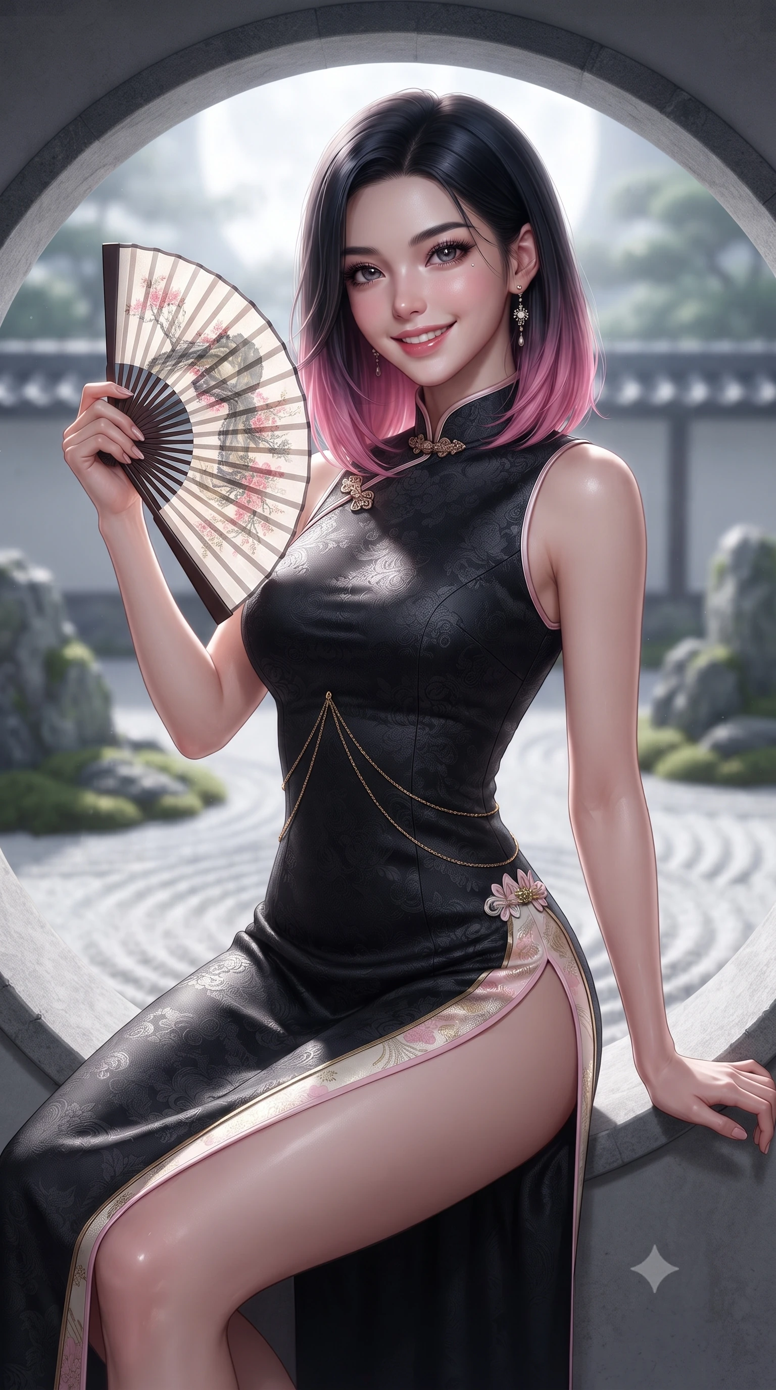 score_9, masterpiece, best quality, ultra-detailed, high-budget anime keyframe, editorial fashion photography, tasteful artistic composition, Korean woman. close-up cowboy shot from the waist and thighs up, the character dominates the composition, filling the frame with her large presence. playfully unfurling a painted silk fan toward the lens, her radiant smile capturing fresh girlhood charm while her arched torso reveals an intoxicating hip contour while sitting gracefully in the center of a large circular moon-gate stone opening, arching her lower back in an iconic silhouette against the garden. The background shows a soft-focus carefully raked white gravel wave patterns and moss-covered rock arrangements blurred into silver white, moss green, and slate bokeh. She has an exceptionally elegant, slender, and willowy female figure with an ultra-slim waist, flat toned midriff, narrow ribcage, and sculpted feminine hips creating an alluring, slim hourglass silhouette without bulk. sharp v-shaped jawline, high-bridge nose, intricate jewel-like dark sparkling almond eyes with depth, thick lashes, glossy parted lips with a natural rose-plum sheen, bright alluring and coquettish smile with bedroom-eyes, exuding both timeless oriental elegance and sovereign high-fashion allure, flawlessly proportioned anatomical accuracy, strict slender model proportions, natural body alignment, perfectly sculpted long slender limbs, ultra-slim waistline, clean dynamic posture without body distortion. wearing a form-contouring high-neck modern cheongsam mini dress in midnight black jacquard silk with daring double side hip slits in soft cherry blossom pink and pearlescent ivory, woven from metallic gold and silver thread casting subtle starlight glints, accented with a delicate gold body chain draping loosely across her flat midriff, the high-waisted wrap tailoring accentuating her ultra-slim waistline and the enchanting curve of her feminine hips with alluring oriental charm. bathed in pristine silver moonlight pouring through the circular moon-gate aperture. ultra-reflective glossy finish, specular highlights, rich textural contrasts, high-contrast stereoscopic depth, volumetric dynamic lighting, 2k, ultra detail, master piece, 9:16 ratio