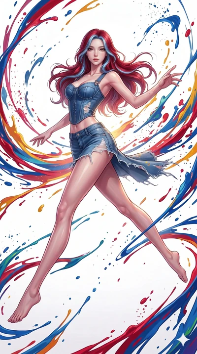 score_9, masterpiece, best quality, ultra-detailed, high-budget anime keyframe, Korean woman. low angle full-body shot filling the entire 9:16 frame with her statuesque presence, stretching the vertical silhouette. leaping into a vorticist paint spla