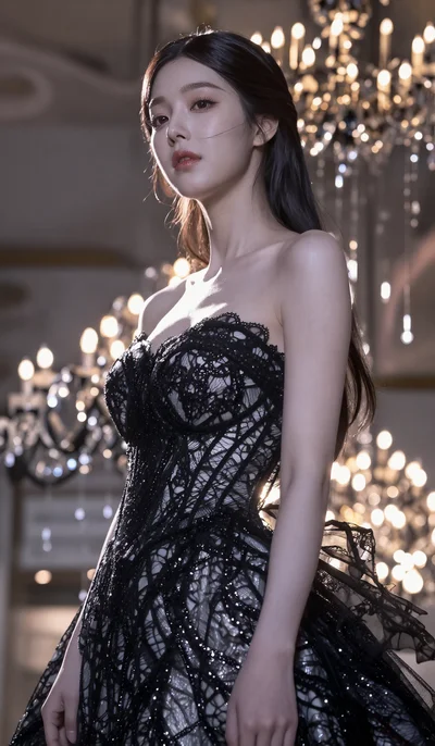 score_9, masterpiece, best quality, ultra-detailed, semi-realistic high-budget anime keyframe, (1view, solo, single person:1.5), an incredibly beautiful korean woman. Medium shot of upper body. She is a high-society vampire queen in a moonlit ballroo