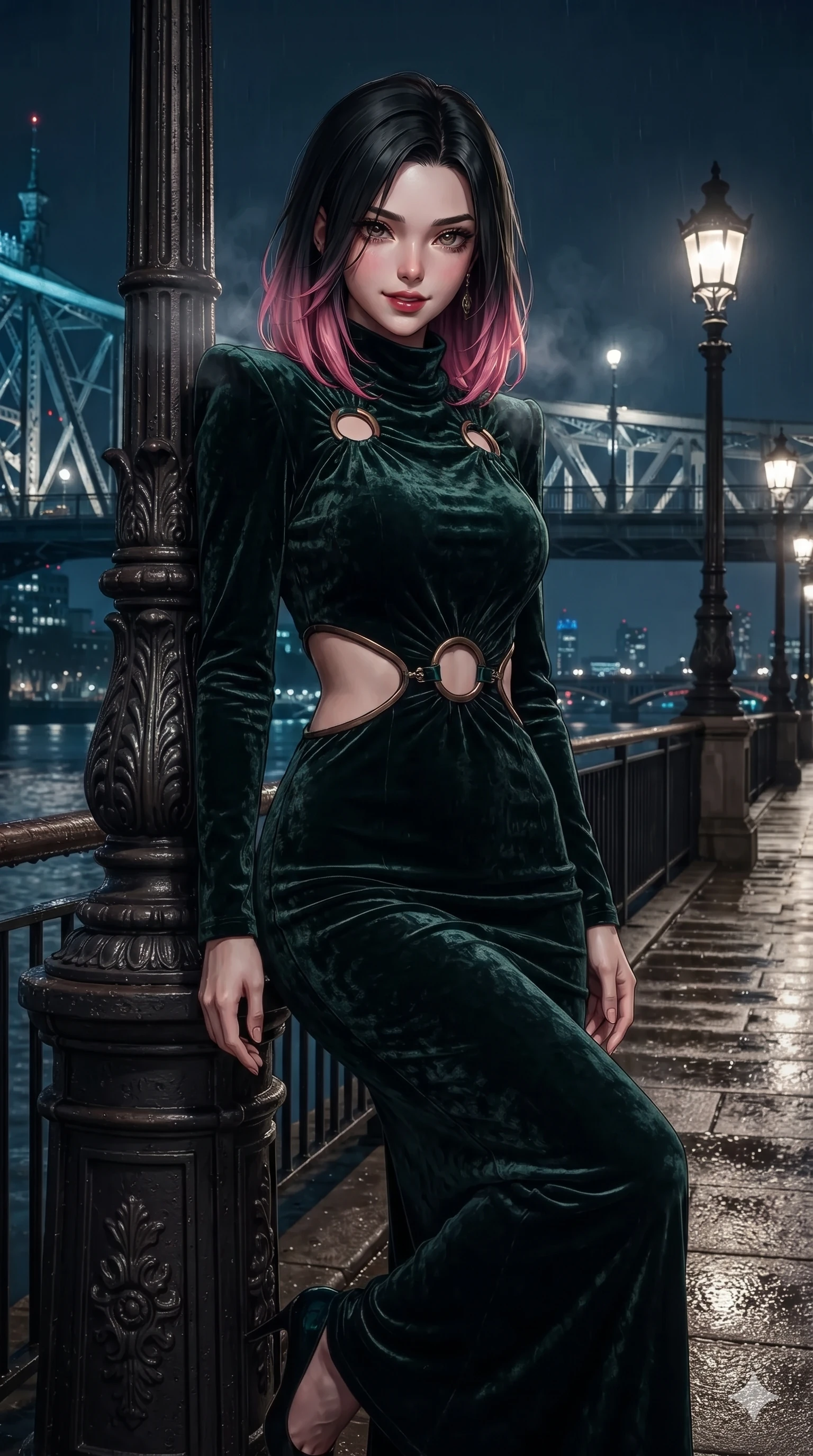 score_9, masterpiece, best quality, ultra-detailed, high-budget anime keyframe, editorial fashion photography, tasteful artistic composition, Korean woman. close-up cowboy shot from the waist and thighs up, the character dominates the composition, filling the frame with her large presence. leaning against a historic cast-iron lamppost with one knee bent, night mist drifting through her hair as her dark outfit traces her feminine curves while walking along the illuminated riverwalk with hypnotic grace, hips swaying in an alluring sensual rhythm that accentuates her curvy silhouette. The surrounding environment is rendered in vivid detail and crisp panoramic clarity: detailed liquid-tight tailored bodysuit tailoring, chrome hardware accents, and riverside engineering in razor-sharp clarity. She has an exceptionally elegant, slender, and willowy female figure with an ultra-slim waist, flat toned midriff, narrow ribcage, and sculpted feminine hips creating an alluring, slim hourglass silhouette without bulk. sharp v-shaped jawline, high-bridge nose, intricate jewel-like dark sparkling eyes with dangerous depth, thick curled eyelashes, glossy parted lips with a rich wine sheen, smoldering seductive half-smile with bedroom-eyes, exuding effortless superiority and intoxicating dark allure, flawlessly proportioned anatomical accuracy, strict slender model proportions, natural body alignment, perfectly sculpted long slender limbs, ultra-slim waistline, clean dynamic posture without body distortion. wearing a bespoke architectural wool-crepe column gown with high cowl neck and sharp structured shoulders in dark emerald green and brushed antique bronze, tailored from crushed dark velvet with deep light-absorbing plush texture, accented with sculptural chrome hardware rings framing the subtle cutouts, the impeccably tailored cut draping gracefully along her slender figure with aristocratic noir poise. illuminated by wet pavement bounce and sharp sapphire-cyan rim lights defining her razor-sharp jawline, narrow waist, and curvy hips. ultra-reflective glossy finish, specular highlights, rich textural contrasts, high-contrast stereoscopic depth, volumetric dynamic lighting, 2k, ultra detail, master piece, 9:16 ratio