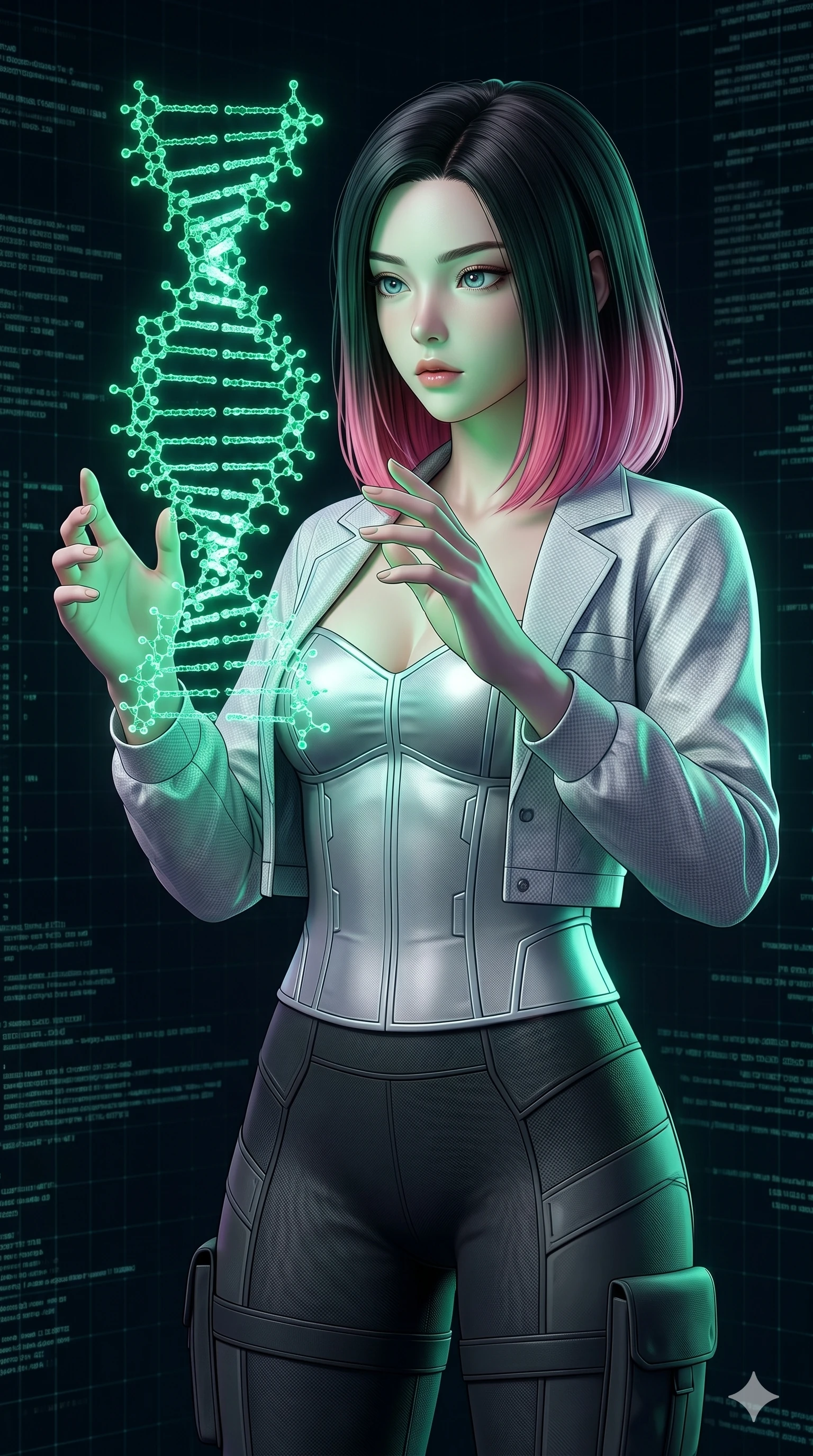 score_9, masterpiece, best quality, ultra-detailed, high-budget anime keyframe, semi-realistic 3D game render, Korean woman. Upper body close-up from the thighs up, character filling the screen for maximum presence. Inside a digital void, next to a floating holographic model of dna, examining the model with a curious, focused expression. She is wearing a cropped lab jacket over a structured silver bodice and utility leggings. The scene is illuminated by the bright green glow of the holographic model. 2k, ultra detail, master piece, 9:16 ratio