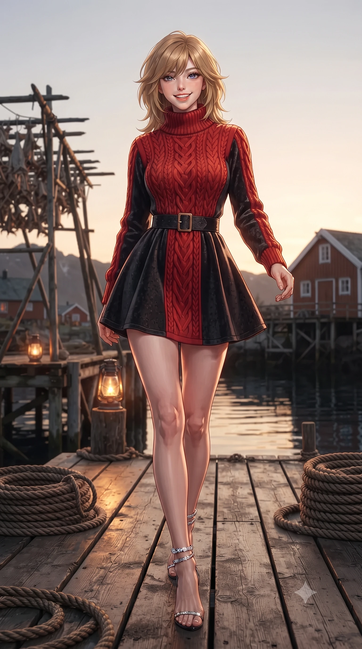 score_9, masterpiece, best quality, ultra-detailed, high-budget anime keyframe, editorial fashion photography, tasteful artistic composition, Korean woman. low angle full-body shot from head to toe showing her feet, filling the entire 9:16 vertical frame with her statuesque presence, stretching her vertical silhouette. stepping forward in a confident stride, her long slender legs and curvaceous hips creating a dynamic, sweeping vertical line while twisting her slender torso in an alluring S-curve beside the drying cod racks, warm lantern light caressing her narrow waist and curvy hips. The surrounding environment is rendered in vivid detail and crisp panoramic clarity: sharp weathered ironwood deck grain, traditional ochre oil paint cracks, and rustic hemp rope coils in deep focus. She has an exceptionally tall and slender model-like 8.5-heads proportion, an ultra-slim waist, a flat toned midriff, narrow delicate ribcage, and beautifully sculpted feminine hips creating a graceful, slim hourglass silhouette without any bulky heaviness, with impossibly long slender legs. sharp v-shaped jawline, high-bridge nose, intricate jewel-like sparkling eyes with depth, thick eyelashes, glossy parted lips with a natural peach sheen, bright cheerful beaming smile with an enchanting and coquettish sensual glint, exuding both youthful cute charm and seductive allure, flawlessly proportioned anatomical accuracy, strict slender model proportions, natural body alignment, perfectly sculpted long slender limbs, ultra-slim waistline, clean dynamic posture without body distortion. wearing an elegant high-collar Nordic merino wool cable-knit sweater dress with belted waistline in Reinefjorden rorbu vermilion red and obsidian granite, tailored from ultra-plush silk velvet with rich tactile depth and deep shadow gradients, complemented by strappy stiletto sandals with crystal ankle wraps accentuating her slender calves, the impeccably tailored cut draping gracefully along her slender figure with aristocratic poise. illuminated by harbor water reflection fill and sharp amber-platinum rim lights defining her razor-sharp jawline, narrow waist, and curvy hips. ultra-reflective glossy finish, specular highlights, rich textural contrasts, high-contrast stereoscopic depth, volumetric dynamic lighting, 2k, ultra detail, master piece, 9:16 ratio