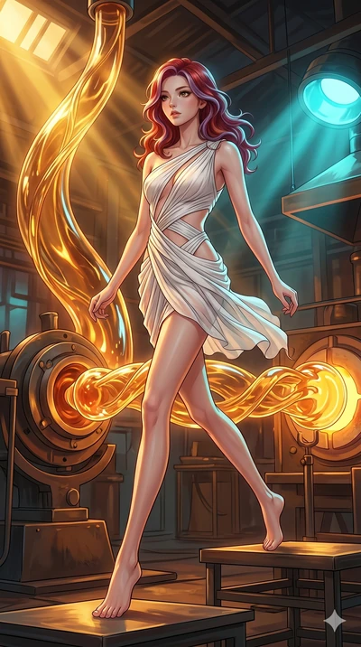 score_9, masterpiece, best quality, ultra-detailed, high-budget anime keyframe, Japanese woman. low angle full-body shot filling the entire 9:16 frame with her statuesque presence, stretching the vertical silhouette. bounding through a molten glass a
