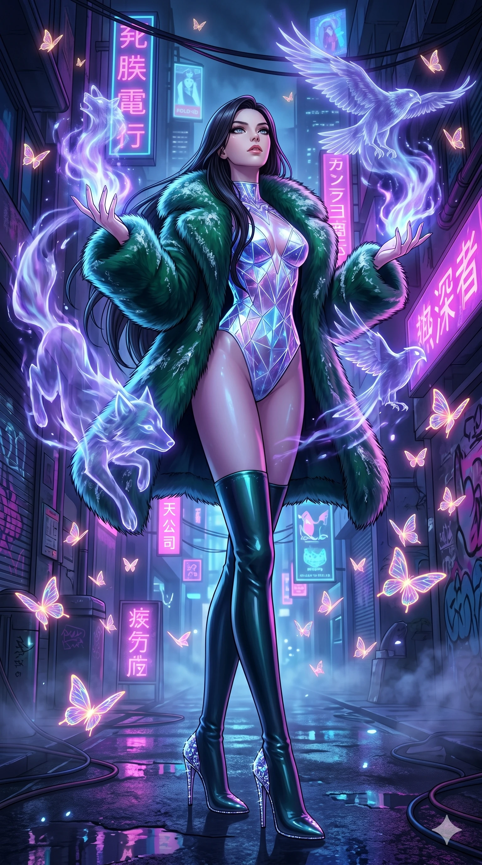 score_9, masterpiece, best quality, ultra-detailed, high-budget anime movie keyframe, cinematic anime lighting, intricate line art, Caucasian (strictly human ears) woman. Dynamic full-body shot stretching the vertical silhouette across the 9:16 frame. summoning mystical spirits in a neon-lit cyberpunk alleyway surrounded by glowing butterflies. She has an absolutely perfect 8-heads proportion, an exceptionally tall and slender female figure with an ultra-slim waist and impossibly long slender legs. sharp v-shaped jawline, high-bridge nose, intricate jewel-like eyes, thick eyelashes, glossy lips. Wearing seasonal winter-couture featuring a plush oversized faux-fur coat worn over a skin-tight crystalline leotard and thigh-high stiletto boots. The scene is illuminated by dramatic atmospheric lighting and vibrant color palettes. , 2k, ultra detail, master piece, 9:16 ratio