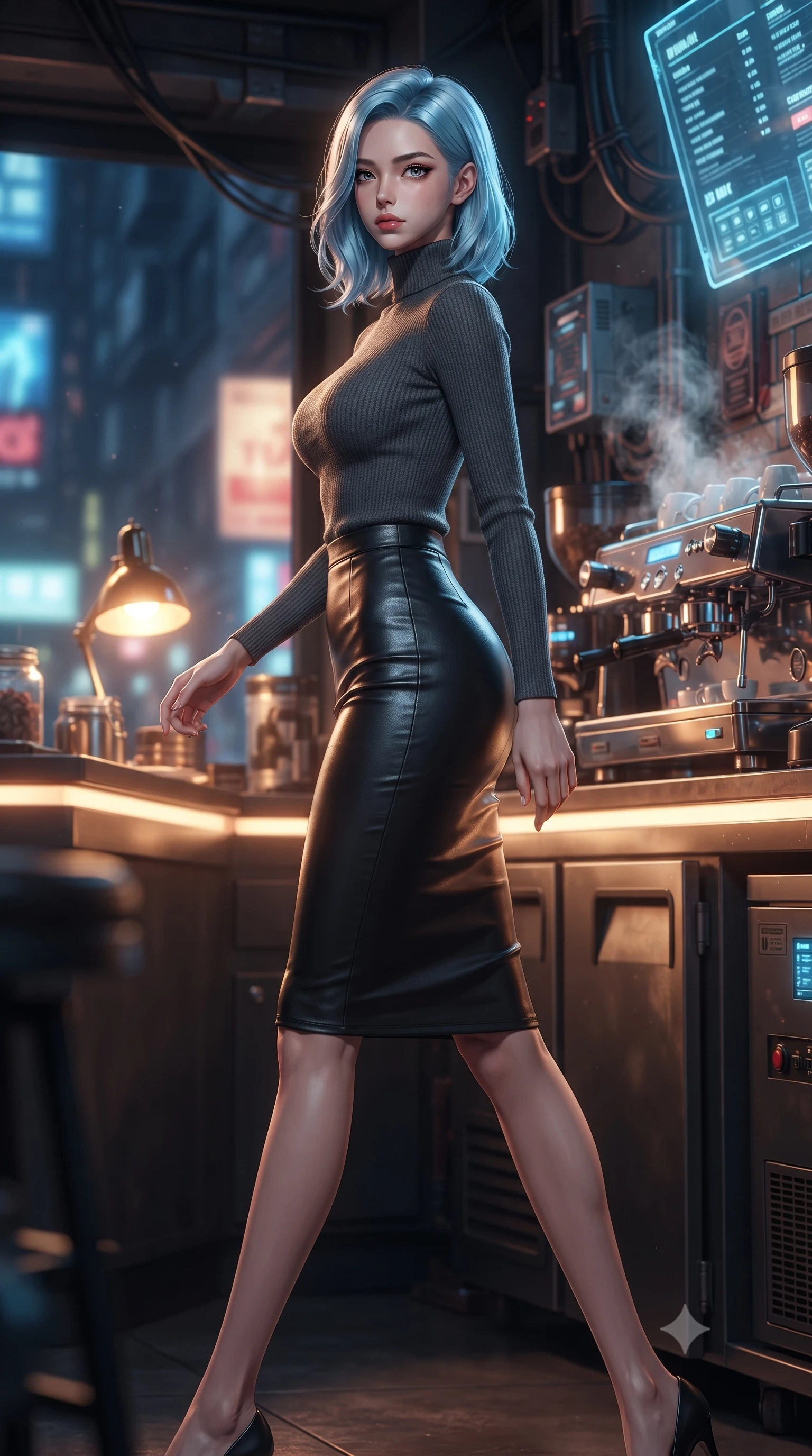score_9, masterpiece, best quality, ultra-detailed, high-budget anime keyframe, editorial fashion photography, tasteful artistic composition, Korean woman. low angle full-body shot from head to toe showing her feet, filling the entire 9:16 vertical frame with her statuesque presence, stretching her vertical silhouette. stepping gracefully while looking back over her shoulder, her dress draped tightly to reveal her silhouette the background shows a soft-focus a cyber-noir coffee bar with glowing counter edges and steamy espresso machines. She has an absolutely perfect, statuesque 8.5-heads proportion, an exceptionally tall and slender model-like female figure with impossibly long slender legs and an ultra-slim waist. sharp v-shaped jawline, high-bridge nose, intricate jewel-like eyes with depth, thick eyelashes, glossy lips with a natural sheen. wearing a body-hugging body-hugging knit top in charcoal grey, paired with a tight-fitting leather midi skirt. warm amber desk lighting contrasting with cool blue neon street reflections. ultra-reflective glossy finish, specular highlights, metallic sheen, high-contrast stereoscopic depth, volumetric dynamic lighting, 2k, ultra detail, master piece, 9:16 ratio