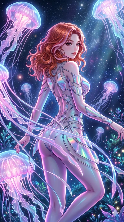 score_9, masterpiece, best quality, ultra-detailed, high-budget anime keyframe, Japanese woman. upper body close-up from the thighs up, character filling the screen for maximum presence. swirling gracefully among the glowing ribbon-like tentacles of 