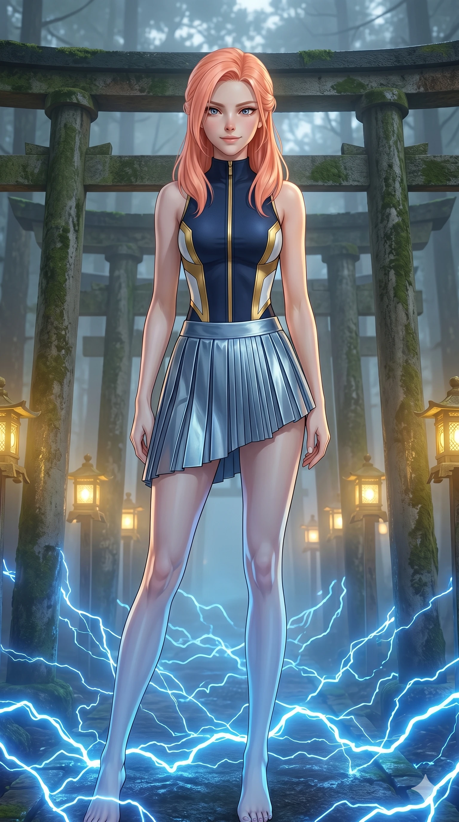 score_9, masterpiece, best quality, ultra-detailed, high-budget anime keyframe, editorial fashion photography, tasteful artistic composition, Japanese woman. cowboy shot from the thighs up, character and outfit filling the frame for maximum editorial presence. Smiling with quiet, magnetic self-assurance directly into the camera amidst a Japanese torii gate forest with golden fog-lit lanterns. She has an absolutely perfect 8-heads proportion, an exceptionally tall and slender female figure with impossibly long slender legs and an ultra-slim waist. V-shaped jawline, high-bridge nose, intricate jewel-like eyes with depth, thick eyelashes, glossy lips with a natural sheen. wearing a structured high-neck athletic bodysuit in deep navy with bold architectural side paneling and a gold zip detail, layered under an asymmetric pleated metallic mini skirt at mid-thigh. highlighted by pulsing electric blue plasma arc lighting from below, casting dramatic upward shadows. 2k, ultra detail, master piece, 9:16 ratio