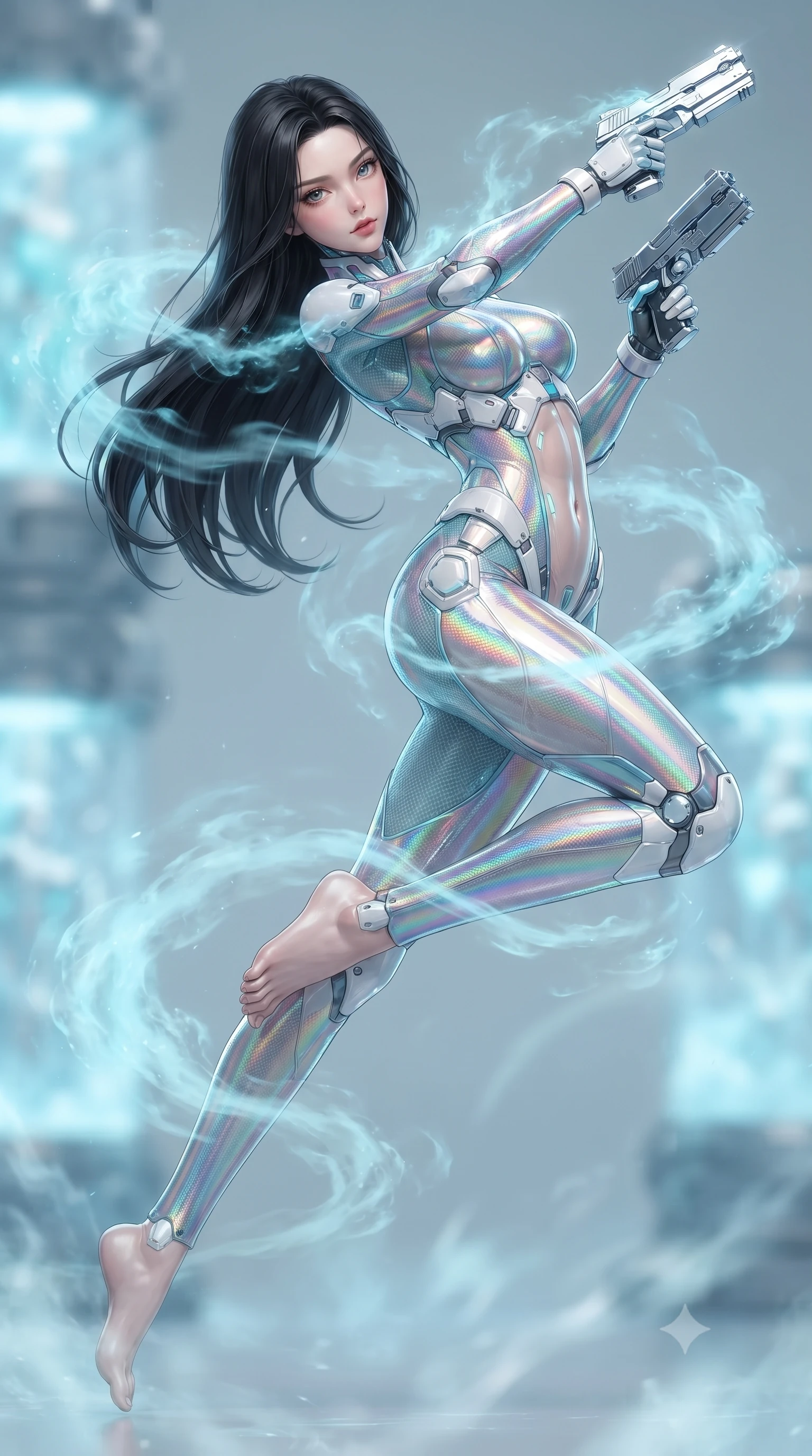 score_9, masterpiece, best quality, ultra-detailed, high-budget anime keyframe, editorial fashion photography, tasteful artistic composition, Korean woman. low angle full-body shot from head to toe showing her feet, filling the entire 9:16 vertical frame with her statuesque presence, stretching her vertical silhouette. arching her spine in a fluid zero-gravity combat turn with sovereign grace, her long slender legs and sculpted torso creating a sweeping line of power while stretching her slender torso in an alluring S-curve as cyan cryo-mist billows gracefully around her bare shoulders and waist. The composition keeps background elements in soft focus with creamy bokeh. drifting cryogenic frost vapor and frozen laboratory glass pods blurred into radiant cyan, silver, and pale blue bokeh. She has an absolutely perfect, statuesque 8.5-heads proportion, an exceptionally tall and slender model-like female figure with impossibly long slender legs, a toned flat midriff, and an ultra-slim waist. sharp v-shaped jawline, high-bridge nose, intricate jewel-like eyes with depth, thick eyelashes, glossy lips with a natural sheen, flawlessly proportioned anatomical accuracy, strict slender model proportions, natural body alignment, perfectly sculpted long slender limbs, ultra-slim waistline, clean dynamic posture without body distortion. wearing a high-gloss iridescent rainbow carbon-weave bodysuit with translucent cybernetic panels, brandishing dual sleek chrome particle beam pistols in a dynamic combat stance in glacial ice-cyan carbon mesh with pure white armor plates, made of liquid carbon-jersey fabric adhering flawlessly to her sculpted silhouette, finished with high-mobility articulation joints and miniature magnetic armor locks, the liquid-tight tailored fabric emphasizing every curve of her tall, slender model proportions and sculptured silhouette during dynamic movement. illuminated by crisp specular ice refractions outlining her ultra-slim waist, long legs, and flat midriff. ultra-reflective glossy finish, specular highlights, dark metallic sheen, high-contrast stereoscopic depth, volumetric dynamic lighting, 2k, ultra detail, master piece, 9:16 ratio