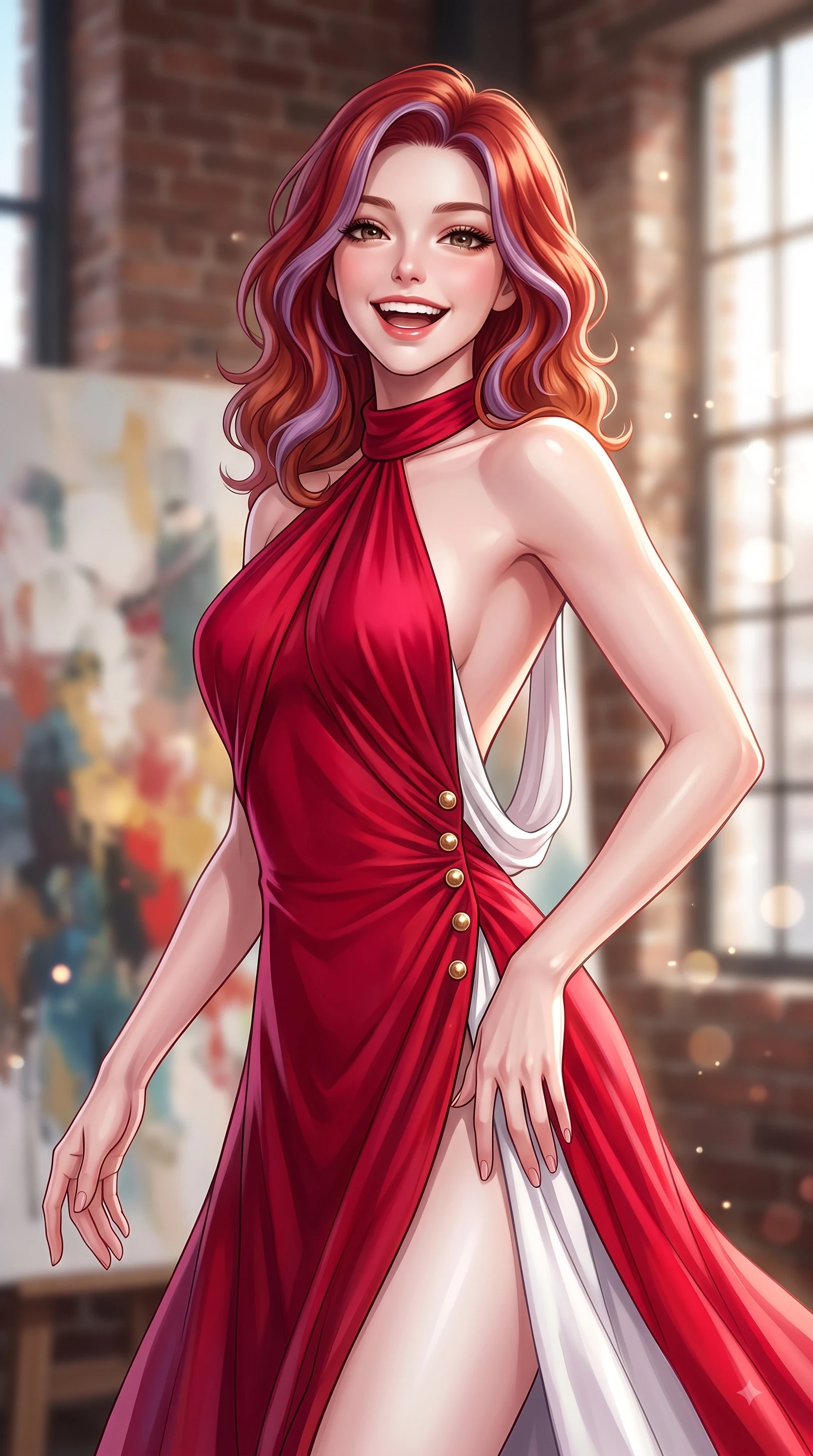 score_9, masterpiece, best quality, ultra-detailed, high-budget anime keyframe, editorial fashion photography, tasteful artistic composition, Caucasian woman. close-up cowboy shot from the waist and thighs up, the character dominates the composition, filling the frame with her large presence. Beaming joyful energy with a infectious laughter that brightens the entire composition while pausing dramatically near a large abstract oil painting with a magnetic editorial gaze. The composition keeps background elements in soft focus with dreamy bokeh. exposed brick textures and sunlit factory windows blurred in gentle background depth. She has an exceptionally elegant, slender, and willowy female figure with an ultra-slim waist, a gracefully sculpted slender torso, and a refined silhouette. sharp v-shaped jawline, high-bridge nose, intricate jewel-like eyes with depth, thick eyelashes, glossy lips with a natural sheen, flawlessly proportioned anatomical accuracy, natural body alignment, perfectly sculpted elegant limbs, clean dynamic posture without body distortion. wearing a dramatic crimson silk halter-neck gown with a draped open-back silhouette in vibrant crimson red and crisp snow white, crafted from soft breathable Italian linen, finished with gold metallic hardware buttons along the front, the chic fashion cut framing her graceful clavicle and slender torso. surrounded by a chic, intellectual, and artistic urban editorial atmosphere. highly saturated vibrant anime colors, detailed shading with soft gradients, rich glossy textures, high-contrast stereoscopic depth, volumetric dynamic lighting, master piece, 9:16 ratio