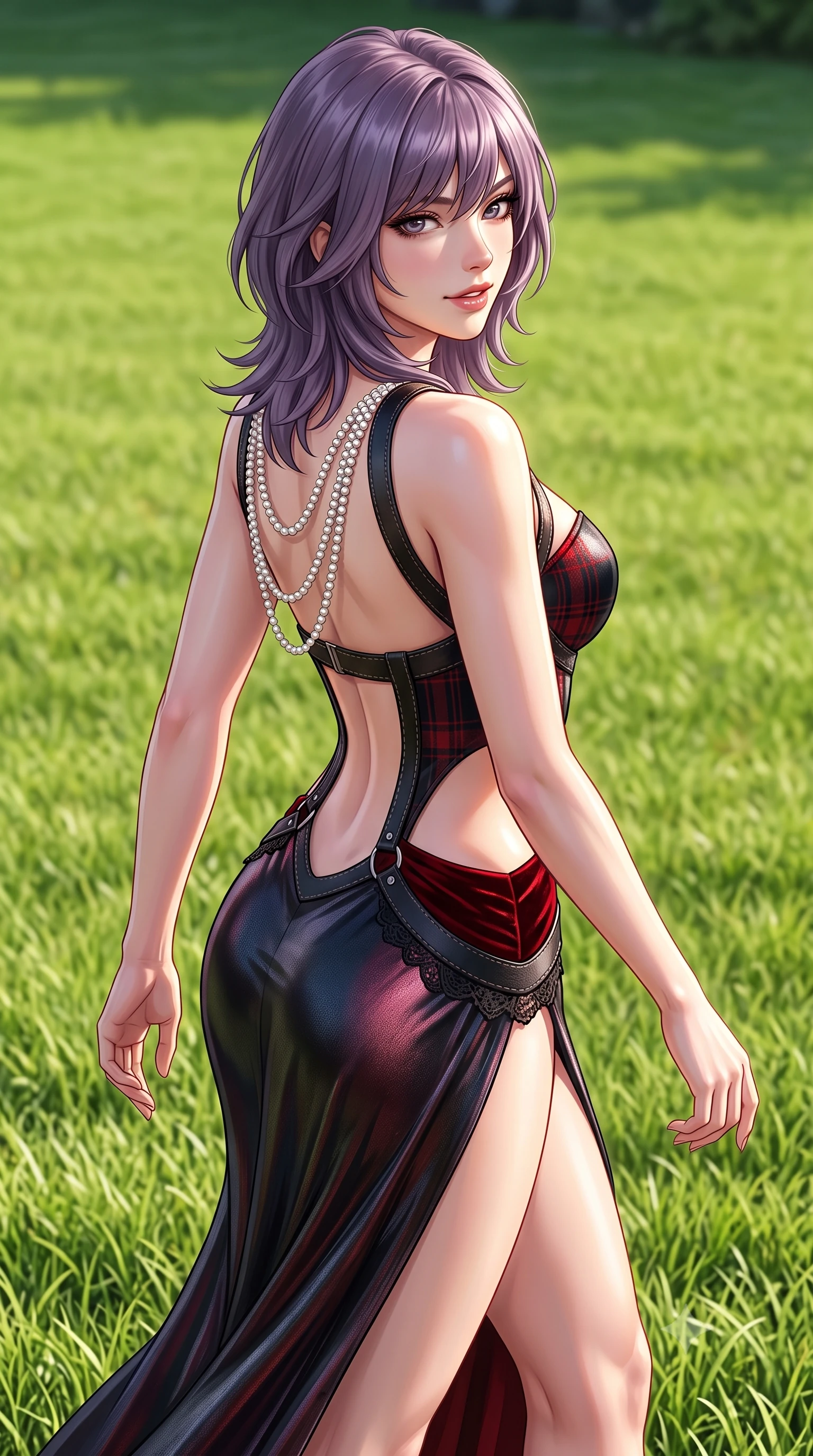score_9, masterpiece, best quality, ultra-detailed, high-budget anime keyframe, semi-realistic 3D game render, editorial fashion photography, tasteful artistic composition, Japanese woman. close-up cowboy shot from the waist and thighs up, the character dominates the composition, filling the frame with her large presence. turning over a bare shoulder with an intoxicating, teasing smile, her soft hair framing her sharp jawline as her hips angle gracefully while striding across the sun-drenched private lawn with sovereign supermodel momentum, long slender legs and narrow waist commanding the scene. The surrounding environment is rendered in vivid detail and crisp panoramic clarity. detailed equestrian leather harness stitching, fine wool tailoring, and lace hat weave in high clarity. She has an exceptionally elegant, slender, and willowy female figure with an ultra-slim waist, flat toned midriff, narrow ribcage, and sculpted feminine hips creating an alluring, slim hourglass silhouette without bulk. sharp v-shaped jawline, high-bridge nose, intricate jewel-like eyes with depth, thick eyelashes, glossy parted lips with a natural sheen, intensely captivating and seductive bedroom-eyes expression, flawlessly proportioned anatomical accuracy, strict slender model proportions, natural body alignment, perfectly sculpted long slender limbs, ultra-slim waistline, clean dynamic posture without body distortion. wearing a tailored tartan-wool and crushed-velvet corseted gala gown with an architectural open-waist cutout and high-cut thigh slit in phantom obsidian black and blood-red velvet, crafted from luxurious metallic lamé that shifts radiance with every step, accented with a multi-strand pearl back necklace cascading down her bare spine to her hips, the dramatically scooped open back descending to the base of her spine, accentuating her razor-sharp statuesque lines and slim hourglass silhouette. illuminated by sharp specular highlights carving her sculpted collarbones, flat toned midriff, and rounded hips. highly saturated vibrant anime colors, detailed shading with soft gradients, rich glossy textures, high-contrast stereoscopic depth, volumetric dynamic lighting, master piece, 9:16 ratio