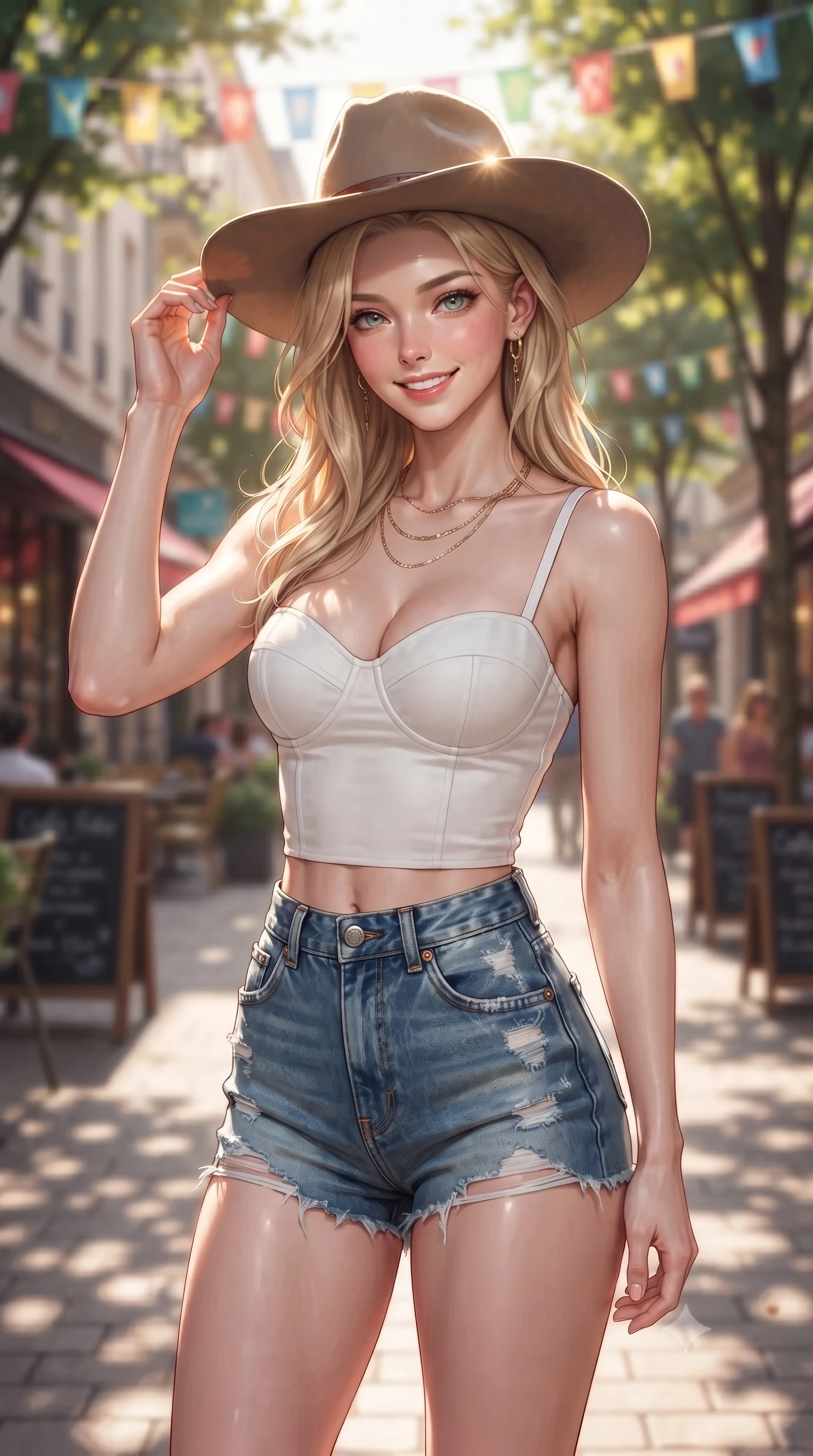 score_9, masterpiece, best quality, ultra-detailed, high-budget anime keyframe, editorial fashion photography, tasteful artistic composition, Caucasian woman. close-up cowboy shot from the waist and thighs up, the character dominates the composition, filling the frame with her large presence, background elements kept in soft focus. flashing a sweet yet sultry smile, holding her hand near her shoulder in a poised gesture set against a soft-focus background of walking down a pedestrian shopping boulevard with colorful flags overhead adjusting her stylish hat with a bright, confident smile. She has an exceptionally elegant, slender, and willowy female figure with an ultra-slim waist, a gracefully sculpted slender torso, and a refined silhouette. sharp v-shaped jawline, high-bridge nose, intricate jewel-like eyes with depth, thick eyelashes, glossy lips with a natural sheen. wearing tailored tailored cotton bustier top paired with high-waist denim shorts. dappled sunlight filtering through the street trees, casting soft shadows. ultra-reflective glossy finish, specular highlights, metallic sheen, high-contrast stereoscopic depth, volumetric dynamic lighting, 2k, ultra detail, master piece, 9:16 ratio