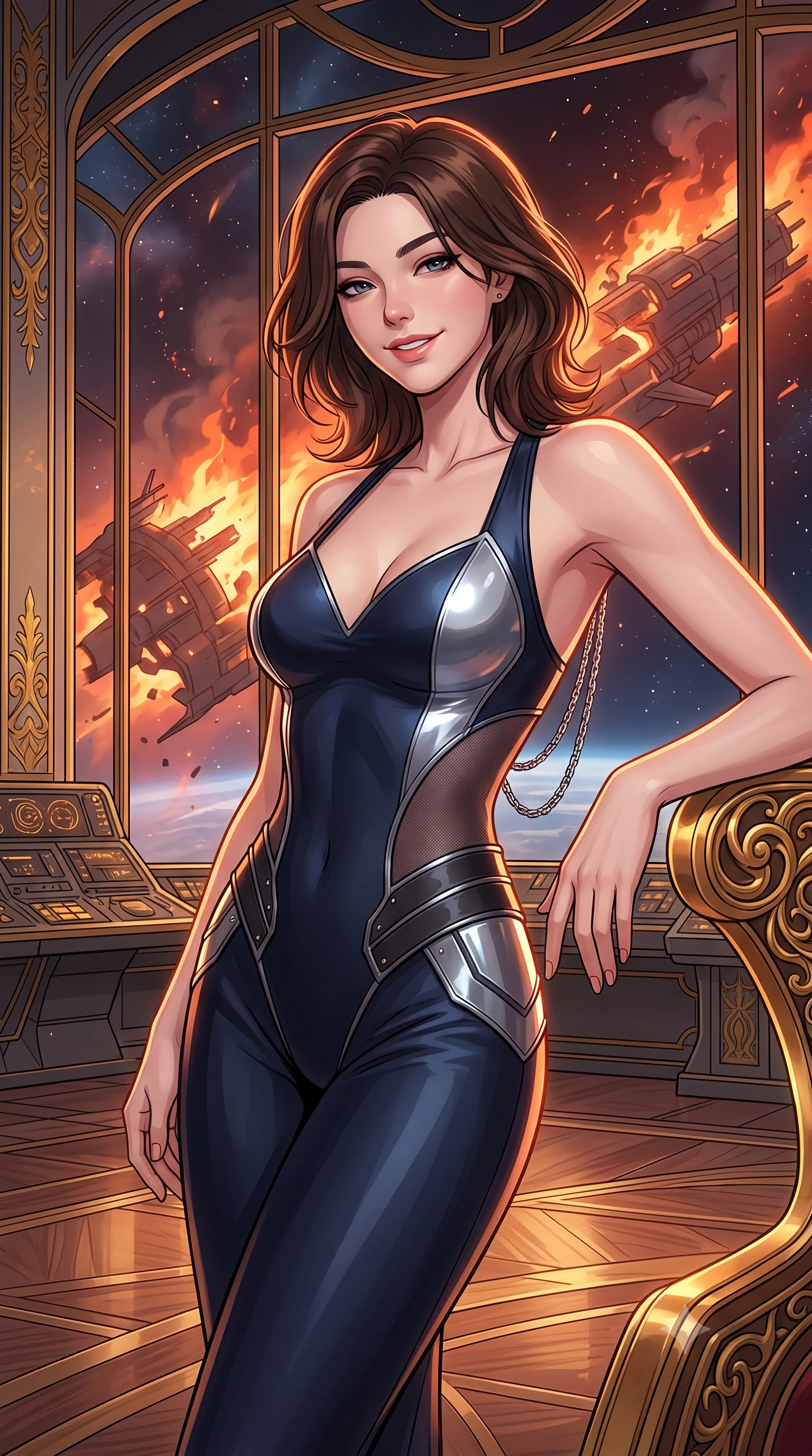 score_9, masterpiece, best quality, ultra-detailed, high-budget anime keyframe, semi-realistic 3D game render, editorial fashion photography, tasteful artistic composition, Korean woman. close-up cowboy shot from the waist and thighs up, the character dominates the composition, filling the frame with her large presence. leaning back against the balustrade with relaxed seductive grace, head tilted back slightly while casting a hypnotic, heavy-lidded gaze while leaning against the gold-filigree arm of the imperial throne with hips cocked back, gazing through stained-smart-glass windows at burning orbital battle wreckage with smoldering bedroom-eyes. The surrounding environment is rendered in vivid detail and crisp panoramic clarity: detailed anime keyframe lines, rich fabric textures, and monumental imperial space architecture in razor-sharp precision. She has an exceptionally elegant, slender, and willowy female figure with an ultra-slim waist, flat toned midriff, narrow ribcage, and sculpted feminine hips creating an alluring, slim hourglass silhouette without bulk. sharp v-shaped jawline, high-bridge nose, intricate jewel-like sparkling eyes with depth, thick eyelashes, glossy parted lips with a natural peach sheen, bright cheerful beaming smile with an enchanting and coquettish sensual glint, exuding both youthful cute charm and seductive allure, flawlessly proportioned anatomical accuracy, strict slender model proportions, natural body alignment, perfectly sculpted long slender limbs, ultra-slim waistline, clean dynamic posture without body distortion. wearing an alluring plunging sweetheart tactical bodice with sheer mesh side-waist cutouts contouring her ribs in tactical carbon navy and polished chrome, made of fluid liquid jersey with seamless sculpting hold and smooth contours, accented with an open-back drape framed by falling strands of delicate chrome chains, the liquid-tight tailored fabric clinging flawlessly to her narrow waist and rounded feminine hips, emphasizing every millimeter of her sculpted slim hourglass curves without any bulky heaviness. illuminated by polished parquet reflection bounce and sharp gold-plasma rim lights sculpting her jawline, narrow waist, and curvy hips. highly saturated vibrant anime colors, detailed shading with soft gradients, rich glossy textures, high-contrast stereoscopic depth, volumetric dynamic lighting, master piece, 9:16 ratio