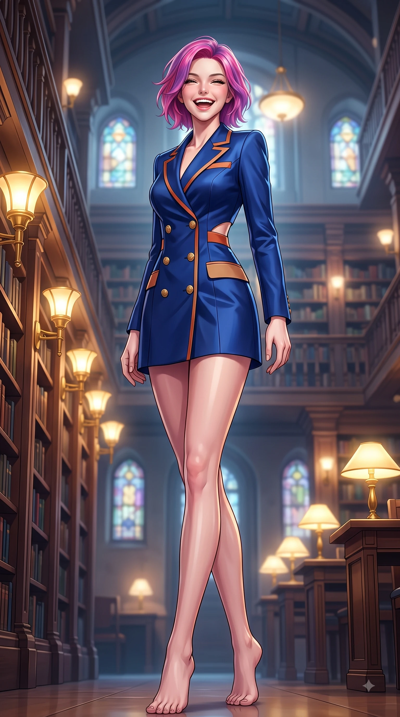 score_9, masterpiece, best quality, ultra-detailed, high-budget anime keyframe, editorial fashion photography, tasteful artistic composition, Caucasian woman. low angle full-body shot from head to toe showing her feet, filling the entire 9:16 vertical frame with her statuesque presence, stretching her vertical silhouette. Ecstatic joyful laughter with eyes crinkling in pure delight and vibrant energy filling her dynamic posture while pivoting dynamically in a multi-story book hall flanked by golden brass lamps. The composition keeps background elements in soft focus with dreamy bokeh. stained glass windows and glowing desk lamps softened in quiet, atmospheric focus. She has an absolutely perfect, statuesque 8.5-heads proportion, an exceptionally tall and slender model-like female figure with impossibly long slender legs and an ultra-slim waist. sharp v-shaped jawline, high-bridge nose, intricate jewel-like eyes with depth, thick eyelashes, glossy lips with a natural sheen, flawlessly proportioned anatomical accuracy, natural body alignment, perfectly sculpted elegant limbs, clean dynamic posture without body distortion. wearing a royal navy blue double-breasted blazer dress accented with gold crest buttons in burnt orange and warm camel beige, crafted from smooth liquid silk satin, complemented by clean architectural seams and subtle cutouts, the tailored fit highlighting her statuesque and model-like silhouette. surrounded by an intelligent, noble, and classic editorial atmosphere. highly saturated vibrant anime colors, detailed shading with soft gradients, rich glossy textures, high-contrast stereoscopic depth, volumetric dynamic lighting, master piece, 9:16 ratio
