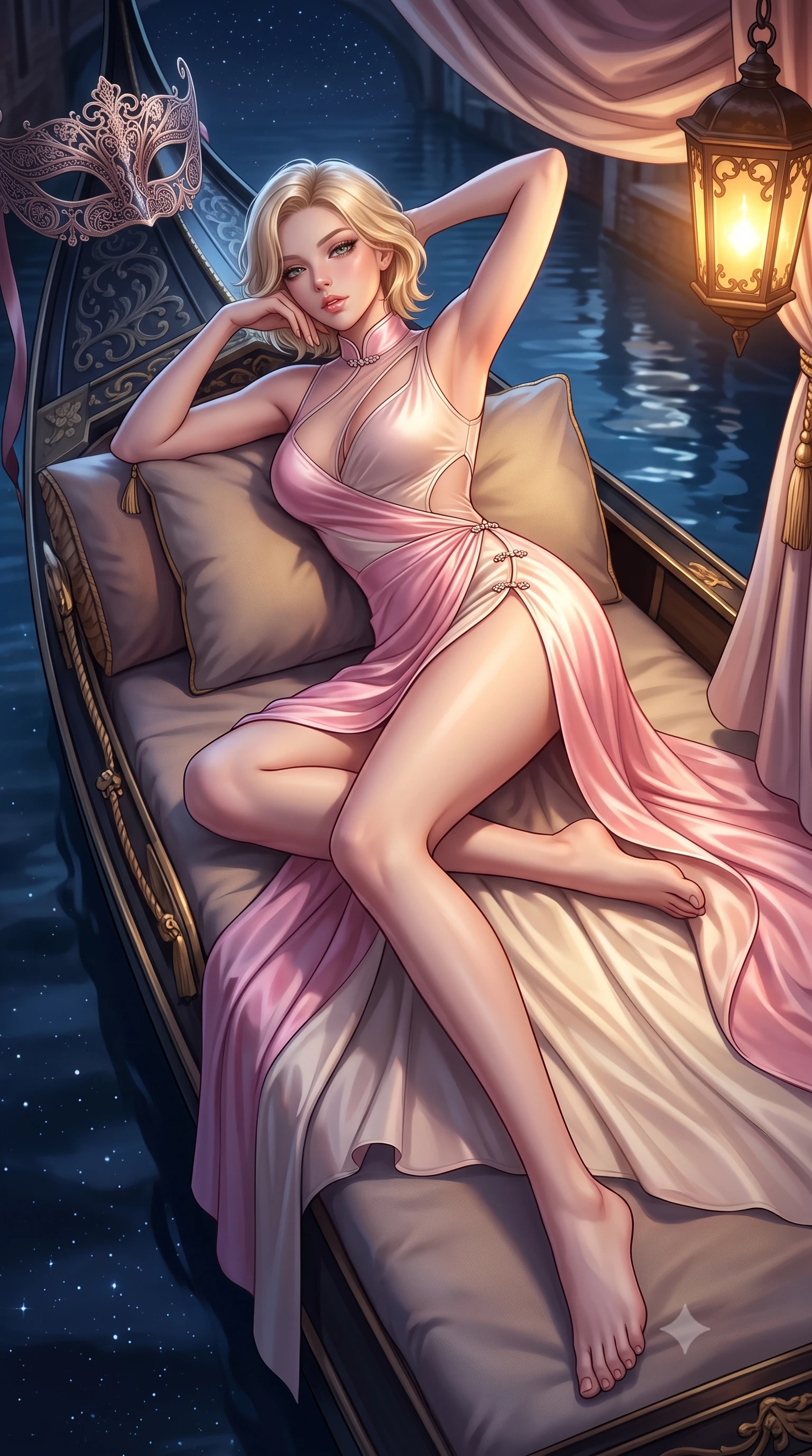 score_9, masterpiece, best quality, ultra-detailed, high-budget anime keyframe, semi-realistic 3D game render, editorial fashion photography, tasteful artistic composition, Caucasian woman. low angle full-body shot from head to toe showing her feet, filling the entire 9:16 vertical frame with her statuesque presence, stretching her vertical silhouette. reclining on her side in an elegant Cleopatra pose with one knee drawn up, the dramatic contour of her rounded hips and long slender legs commanding the 9:16 vertical frame while stretching languidly on the gondola daybed with hands raised behind her head, parted glossy lips reflecting flickering lantern glow. The surrounding environment is rendered in vivid detail and crisp panoramic clarity. detailed mask filigree, silk dress drape folds, and starry night sky reflections in high resolution. She has an exceptionally tall and slender model-like 8.5-heads proportion, an ultra-slim waist, a flat toned midriff, narrow delicate ribcage, and beautifully sculpted feminine hips creating a graceful, slim hourglass silhouette without any bulky heaviness, with impossibly long slender legs. sharp v-shaped jawline, high-bridge nose, intricate jewel-like eyes with depth, thick eyelashes, glossy parted lips with a natural sheen, intensely captivating and seductive bedroom-eyes expression, flawlessly proportioned anatomical accuracy, strict slender model proportions, natural body alignment, perfectly sculpted long slender limbs, ultra-slim waistline, clean dynamic posture without body distortion. wearing a wet-look silk fusion wrap dress with asymmetrical sheer mesh cutouts and high Mandarin collar in sakura blossom pink and warm ivory, woven from layered gossamer chiffon with a weightless sweeping drape, finished with an ultra-high side slit secured by miniature jeweled clasps, the glove-like aerodynamic silhouette tightly following the natural contour of her hips and long slender legs with statuesque 8.5-heads elegance. bathed in cool silver full-moon light streaming from above and warm amber gondola lantern uplights. highly saturated vibrant anime colors, detailed shading with soft gradients, rich glossy textures, high-contrast stereoscopic depth, volumetric dynamic lighting, master piece, 9:16 ratio