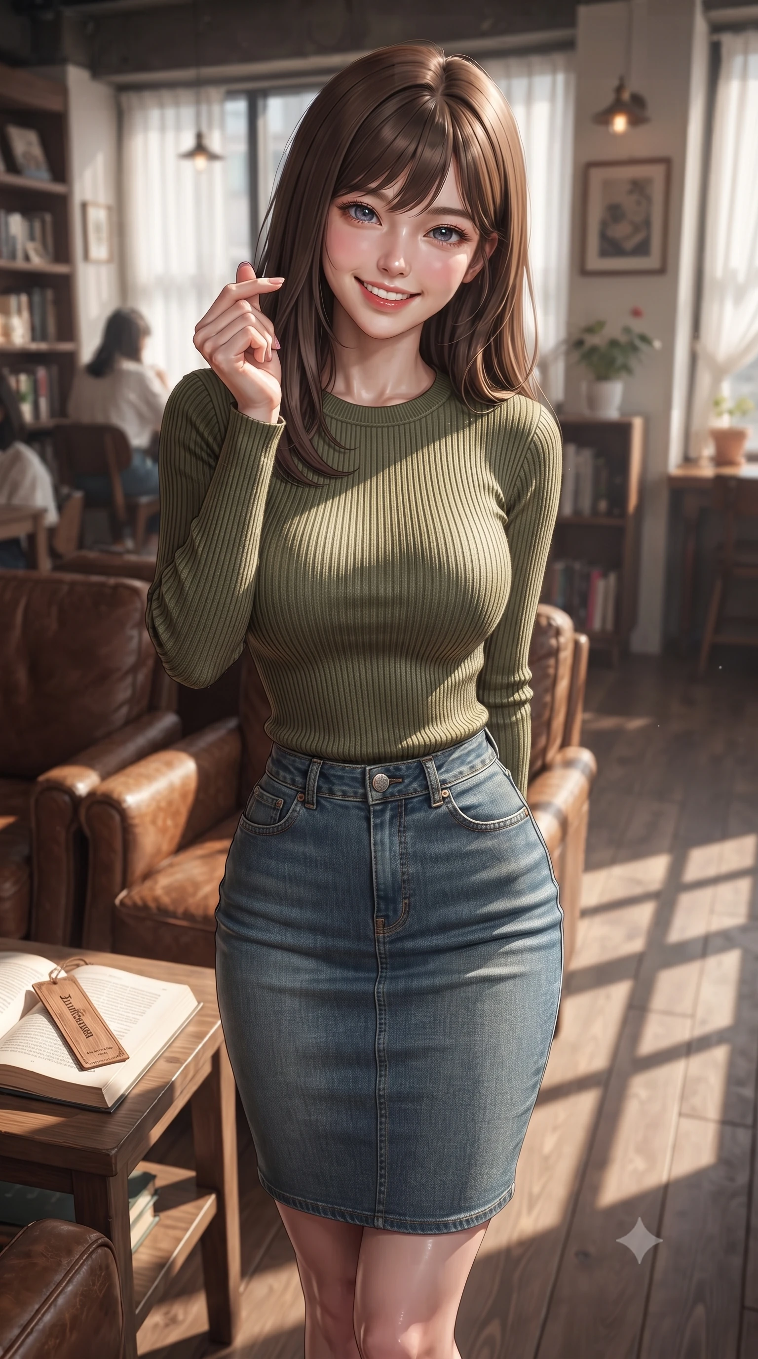 score_9, masterpiece, best quality, ultra-detailed, high-budget anime keyframe, editorial fashion photography, tasteful artistic composition, Korean woman. close-up cowboy shot from the waist and thighs up, the character dominates the composition, filling the frame with her large presence, background elements kept in soft focus. flashing a bright, sunny grin, holding her fingers in a cute small heart shape set against a soft-focus background of in a cozy book cafe corner with leather armchairs and wooden side tables holding a vintage wooden bookmark and smiling softly at the pages. She has an exceptionally elegant, slender, and willowy female figure with an ultra-slim waist, a gracefully sculpted slender torso, and a refined silhouette. sharp v-shaped jawline, high-bridge nose, intricate jewel-like eyes with depth, thick eyelashes, glossy lips with a natural sheen. wearing slim-fit tight-fitting ribbed sweater in olive green paired with a slim denim pencil skirt. soft morning sunbeams casting long shadows of window frames on the floor. ultra-reflective glossy finish, specular highlights, metallic sheen, high-contrast stereoscopic depth, volumetric dynamic lighting, 2k, ultra detail, master piece, 9:16 ratio