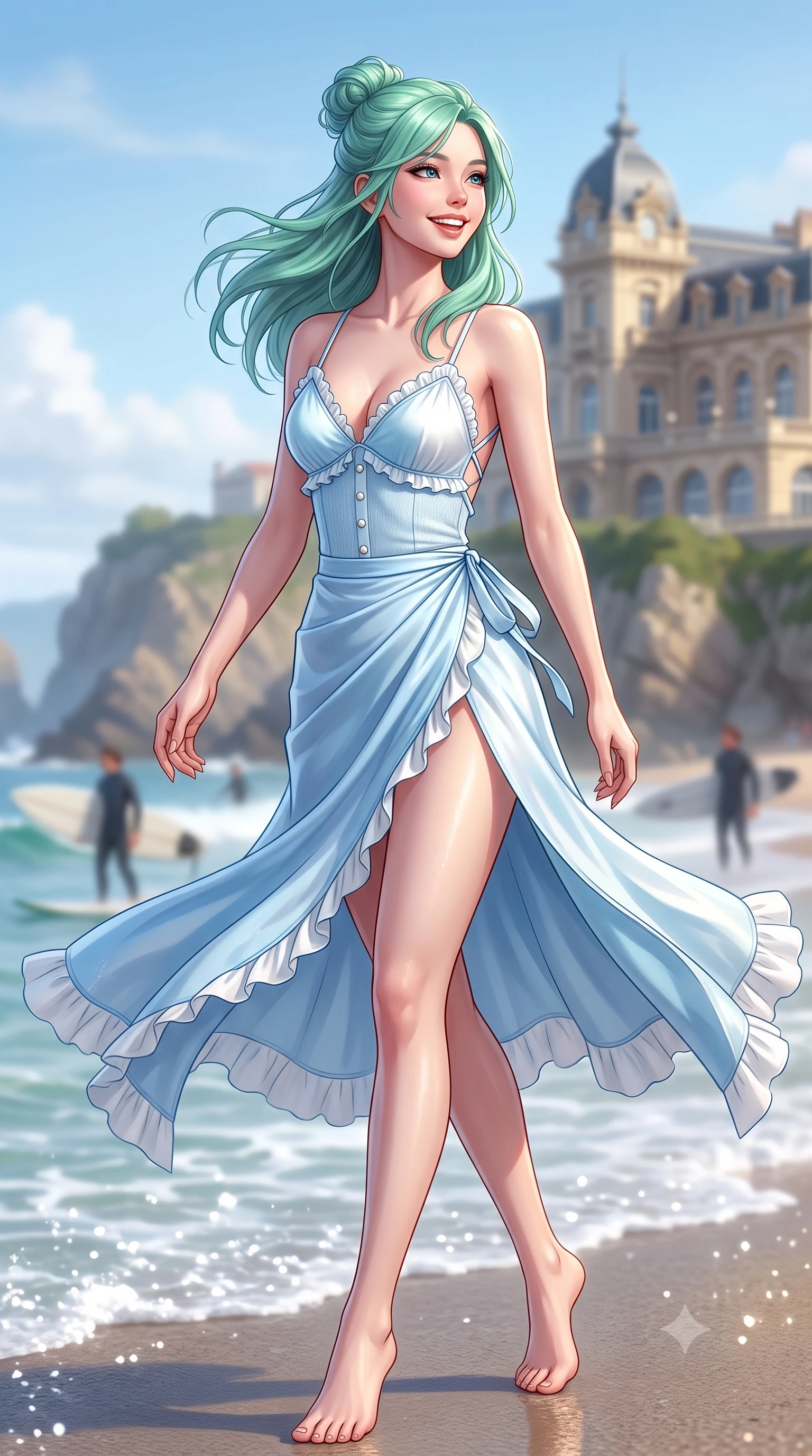 score_9, masterpiece, best quality, ultra-detailed, high-budget anime keyframe, semi-realistic 3D game render, editorial fashion photography, tasteful artistic composition, Japanese woman. low angle full-body shot from head to toe showing her feet, filling the entire 9:16 vertical frame with her statuesque presence, stretching her vertical silhouette. stepping forward gracefully in mid-motion with a radiant beaming smile, hips swaying in an alluring kinetic rhythm that accentuates her curvy hourglass silhouette and long slender legs while turning in an alluring S-curve as ocean trade winds whip her silk wrap skirt, gazing toward the historic casino palace with parted glossy lips. The composition keeps background elements in soft focus with dreamy creamy bokeh. distant rocky cliffs and surfers softened in glamorous French Basque shallow focus. She has an exceptionally tall and slender model-like 8.5-heads proportion, an ultra-slim waist, a flat toned midriff, narrow delicate ribcage, and beautifully sculpted feminine hips creating a graceful, slim hourglass silhouette without any bulky heaviness, with impossibly long slender legs. sharp v-shaped jawline, high-bridge nose, intricate jewel-like sparkling eyes with depth, thick eyelashes, glossy parted lips with a natural peach sheen, bright cheerful beaming smile with an enchanting and coquettish sensual glint, exuding both youthful cute charm and seductive allure, flawlessly proportioned anatomical accuracy, strict slender model proportions, natural body alignment, perfectly sculpted long slender limbs, ultra-slim waistline, clean dynamic posture without body distortion. wearing a breezy silk-satin slip dress featuring a thigh-high side slit ascending to the high hip and criss-cross back straps in soft baby blue and crisp cloud white, crafted from soft cozy cashmere yarn with an airy drape, finished with subtle ruffle trims and delicate pearl buttons, the liquid-tight tailored fabric clinging flawlessly to her narrow waist and rounded feminine hips, emphasizing every millimeter of her sculpted slim hourglass curves without any bulky heaviness. illuminated by sparkling sea foam reflections sharply sculpting her razor-sharp jawline, narrow waist, and curvy hips. highly saturated vibrant anime colors, detailed shading with soft gradients, rich glossy textures, high-contrast stereoscopic depth, volumetric dynamic lighting, master piece, 9:16 ratio