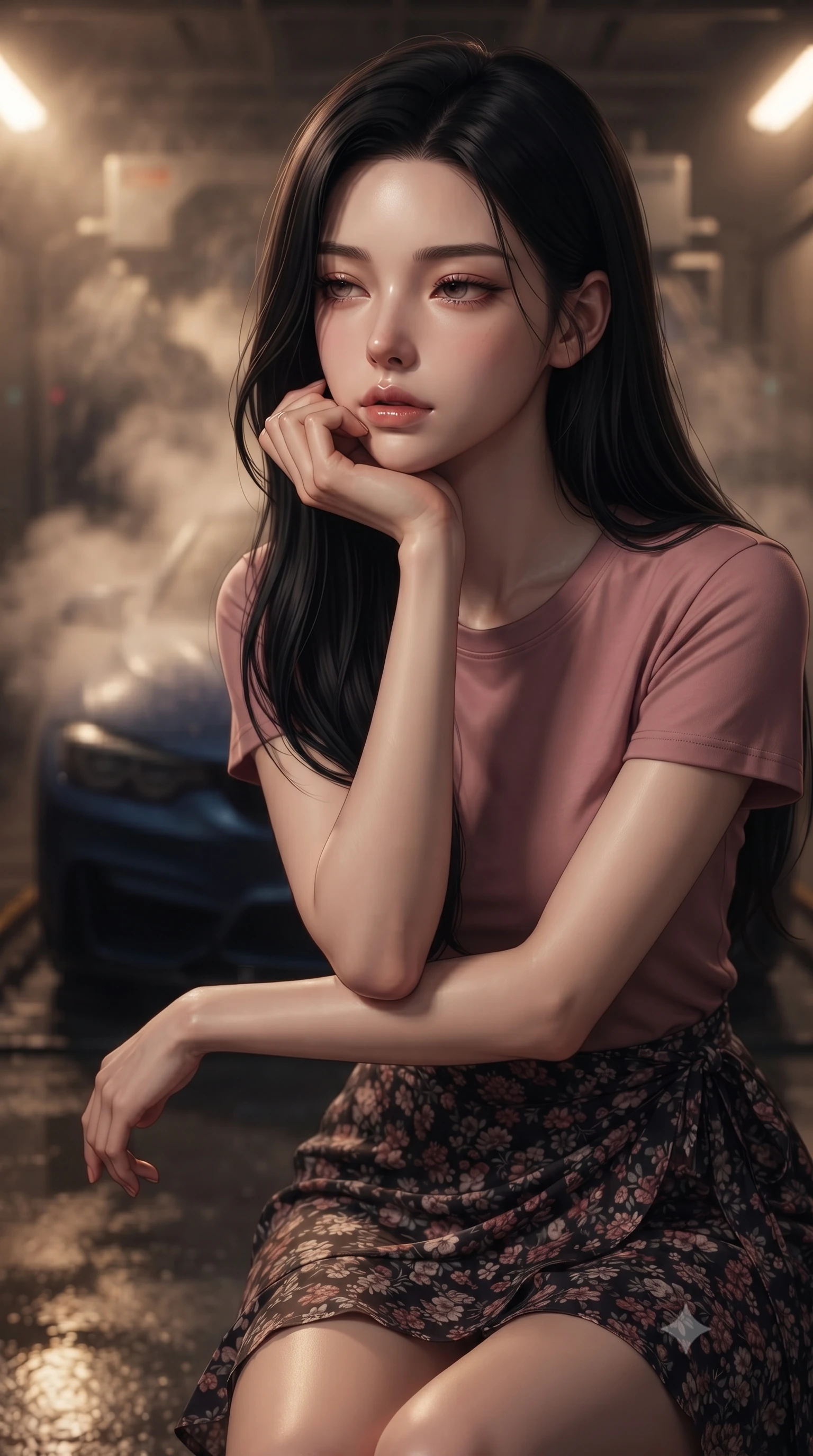 score_9, masterpiece, best quality, ultra-detailed, high-budget anime keyframe, editorial fashion photography, tasteful artistic composition, Korean woman. close-up cowboy shot from the waist and thighs up, the character dominates the composition, filling the frame with her large presence, background elements kept in soft focus. resting her chin on the backs of her fingers, casting a heavy-lidded, sultry look past the camera the background shows a soft-focus an automated wash bay with steam rising softly around a dark blue sports car. She has an exceptionally elegant, slender, and willowy female figure with an ultra-slim waist, a gracefully sculpted slender torso, and a refined silhouette. sharp v-shaped jawline, high-bridge nose, intricate jewel-like eyes with depth, thick eyelashes, glossy lips with a natural sheen. wearing a tailored simple crewneck t-shirt in dusty pink paired with a floral print wrap skirt. warm low-key amber lights highlighting the glossy steam and wet textures. ultra-reflective glossy finish, specular highlights, metallic sheen, high-contrast stereoscopic depth, volumetric dynamic lighting, 2k, ultra detail, master piece, 9:16 ratio