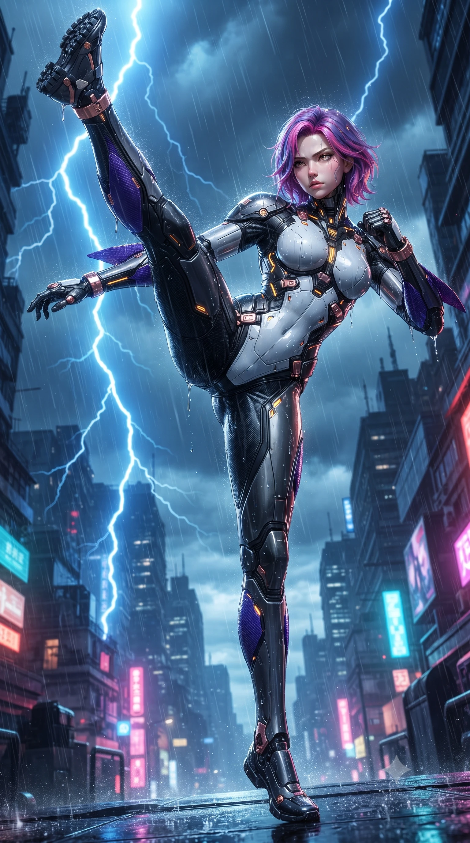 score_9, masterpiece, best quality, ultra-detailed, high-budget anime keyframe, editorial fashion photography, tasteful artistic composition, Caucasian woman. low angle full-body shot from head to toe showing her feet, filling the entire 9:16 vertical frame with her statuesque presence, stretching her vertical silhouette. executing a breathtaking zero-gravity high-kick with full 180-degree vertical extension, her impossibly long slender legs dominating the frame with razor-sharp poise while shifting gracefully into a low Panzer Kunst ready stance as rain streams off her sleek second-skin carbon armor. The surrounding environment is rendered in vivid detail and crisp panoramic clarity. high-contrast storm chiaroscuro and atmospheric cyberpunk urban textures captured with precision. She has an absolutely perfect, statuesque 8.5-heads proportion, an exceptionally tall and slender model-like female figure with impossibly long slender legs, a toned flat midriff, and an ultra-slim waist. sharp v-shaped jawline, high-bridge nose, intricate jewel-like eyes with depth, thick eyelashes, glossy lips with a natural sheen, flawlessly proportioned anatomical accuracy, strict slender model proportions, natural body alignment, perfectly sculpted long slender limbs, ultra-slim waistline, clean dynamic posture without body distortion. wearing a high-contrast monochrome white-and-black carbon-composite exoskeleton suit with glowing amber circuitry and aerodynamic limb fins in royal purple carbon fiber with rose-gold hardware and clasps, made of liquid carbon-jersey fabric adhering flawlessly to her sculpted silhouette, finished with high-mobility flexible limb seams and miniature magnetic armor locks, the liquid-tight tailored fabric emphasizing every curve of her tall, slender model proportions and sculptured silhouette during dynamic movement. bathed in dramatic blue lightning flashes and vibrant neon city ambient reflections. ultra-reflective glossy finish, specular highlights, dark metallic sheen, high-contrast stereoscopic depth, volumetric dynamic lighting, 2k, ultra detail, master piece, 9:16 ratio