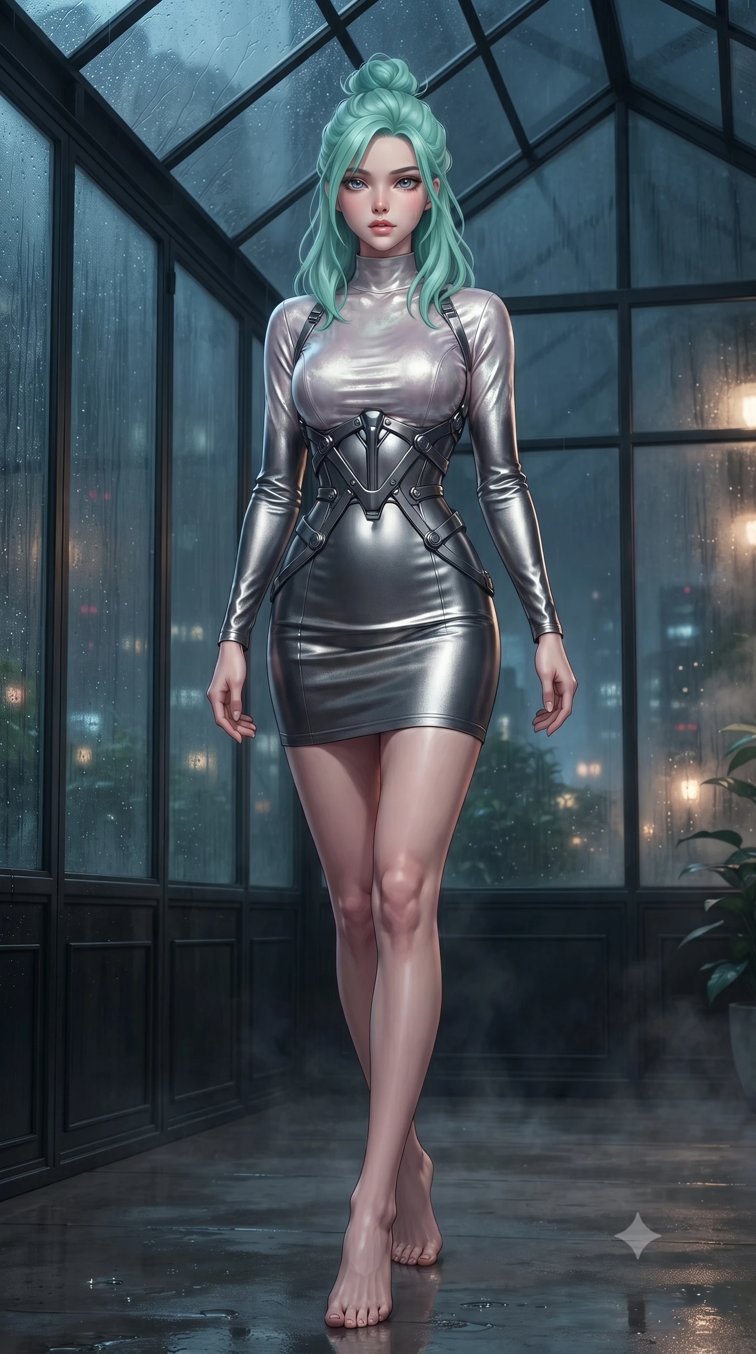 score_9, masterpiece, best quality, ultra-detailed, high-budget anime keyframe, editorial fashion photography, tasteful artistic composition, Japanese woman. low angle full-body shot from head to toe showing her feet, filling the entire 9:16 vertical frame with her statuesque presence, stretching her vertical silhouette. navigating the private sanctuary with an effortless, graceful stride, walking through a glass conservatory shrouded in thick midnight rain fog, cool night atmosphere outside contrasting with warm humid interior steam. She has an absolutely perfect, statuesque 8.5-heads proportion, an exceptionally tall and slender model-like female figure with impossibly long slender legs and an ultra-slim waist. sharp v-shaped jawline, high-bridge nose, intricate jewel-like eyes with depth, thick eyelashes, glossy lips with a natural sheen. wearing aerodynamic second-skin dark silver metallic bodycon dress in pearl white, made of crushed dark silk velvet, highlighted by a gunmetal metallic harness structure, sculpting her athletic slender build with refined precision. surrounded by a moody nocturnal glow with sharp specular water glints. ultra-reflective glossy finish, specular highlights, metallic sheen, high-contrast stereoscopic depth, volumetric dynamic lighting, 2k, ultra detail, master piece, 9:16 ratio