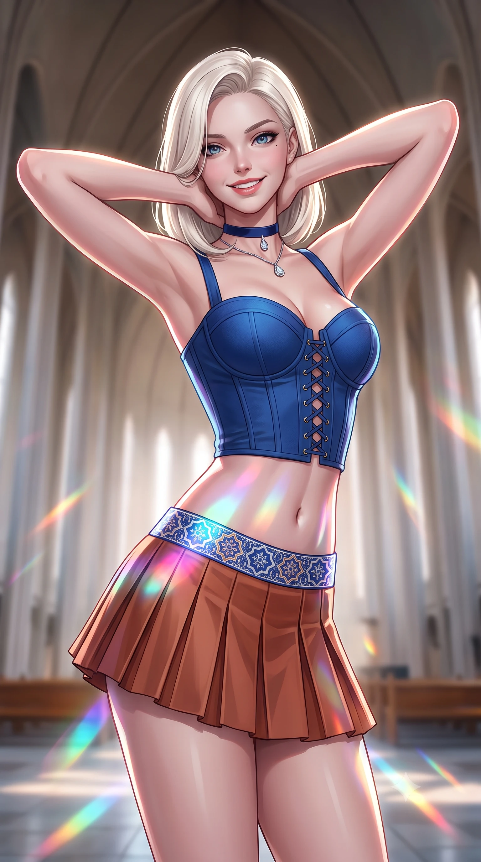 score_9, masterpiece, best quality, ultra-detailed, high-budget anime keyframe, editorial fashion photography, tasteful artistic composition, Caucasian woman. close-up cowboy shot from the waist and thighs up, the character dominates the composition, filling the frame with her large presence. resting both hands lightly behind her neck with elbows raised, arching her spine to highlight her narrow waist, flat midriff, and breathtaking collarbones while twisting her slender torso in an alluring S-curve, shifting iridescent pink and cyan glass reflections dancing across her flat midriff and hips. The background shows a soft-focus soaring architectural ceiling voids softened in iconic Nordic cultural landmark shallow focus. She has an exceptionally elegant, slender, and willowy female figure with an ultra-slim waist, flat toned midriff, narrow ribcage, and sculpted feminine hips creating an alluring, slim hourglass silhouette without bulk. sharp v-shaped jawline, high-bridge nose, intricate jewel-like sparkling eyes with depth, thick eyelashes, glossy parted lips with a natural peach sheen, bright cheerful beaming smile with an enchanting and coquettish sensual glint, exuding both youthful cute charm and seductive allure, flawlessly proportioned anatomical accuracy, strict slender model proportions, natural body alignment, perfectly sculpted long slender limbs, ultra-slim waistline, clean dynamic posture without body distortion. wearing a structured Seville boned lace-up bustier top paired with an ultra-short low-rise pleated micro mini skirt in Andalusian Alhambra azulejo cobalt and warm terracotta copper, crafted from bespoke double-faced cashmere with an exceptionally soft tactile finish, finished with a thin velvet ribbon choker and a single teardrop diamond pendant, the liquid-tight tailored fabric clinging flawlessly to her narrow waist and rounded feminine hips, emphasizing every millimeter of her sculpted slim hourglass curves without any bulky heaviness. illuminated by glass floor reflection bounce and sharp prism-rainbow rim lights defining her razor-sharp jawline, narrow waist, and curvy hips. ultra-reflective glossy finish, specular highlights, rich textural contrasts, high-contrast stereoscopic depth, volumetric dynamic lighting, 2k, ultra detail, master piece, 9:16 ratio