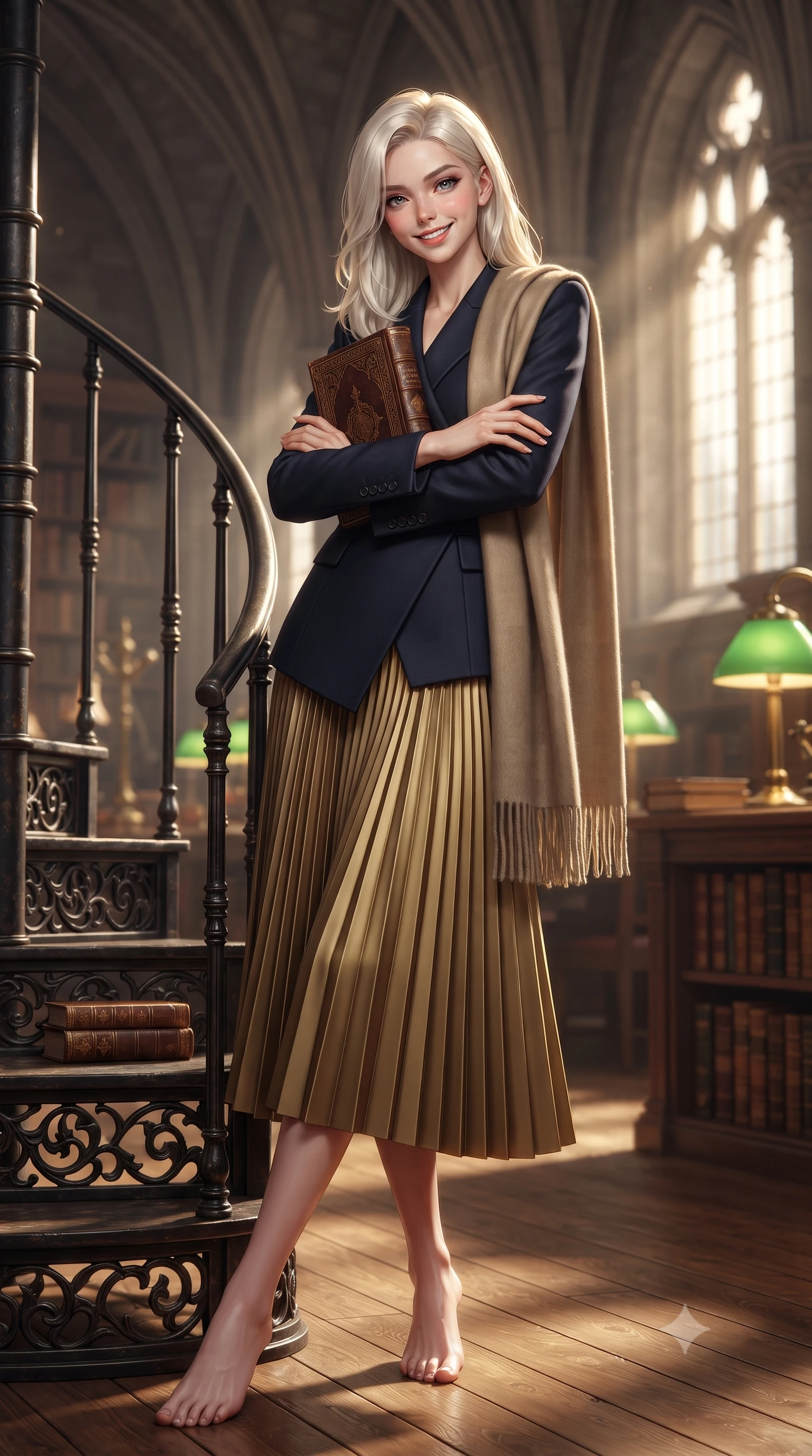 score_9, masterpiece, best quality, ultra-detailed, high-budget anime keyframe, editorial fashion photography, tasteful artistic composition, Caucasian woman. low angle full-body shot from head to toe showing her feet, filling the entire 9:16 vertical frame with her statuesque presence, stretching her vertical silhouette. leaning lightly against the sunlit architectural column with arms crossed loosely, flashing a warm, confident smile while leaning poised against the spiral iron library stairs, holding an antique volume to her chest with refined scholar charm. The background shows a soft-focus soaring gothic stone arches, tiers of leather-bound antique books, and warm green banker lamps blurred into emerald, amber, and mahogany bokeh. She has an exceptionally tall and slender model-like 8.5-heads proportion, an ultra-slim waist, a flat toned midriff, narrow delicate ribcage, and beautifully sculpted feminine hips creating a graceful, slim hourglass silhouette without any bulky heaviness, with impossibly long slender legs. sharp v-shaped jawline, high-bridge nose, intricate jewel-like sparkling eyes with depth, thick eyelashes, glossy parted lips with a natural peach sheen, bright cheerful beaming smile with an enchanting and coquettish sensual glint, exuding both youthful cute charm and seductive allure, flawlessly proportioned anatomical accuracy, strict slender model proportions, natural body alignment, perfectly sculpted long slender limbs, ultra-slim waistline, clean dynamic posture without body distortion. wearing an asymmetrical-wrap tailored wool jacket with clean geometric lines paired with a structured pleated maxi skirt in Ginza vintage brass gold and midnight navy, woven from fine Australian merino wool with a smooth fluid drape and subtle sheen, accented with a wide brushed cashmere fringe scarf draped elegantly over one shoulder, the bespoke architectural tailoring hugging her natural waistline with sartorial precision, creating a clean graceful hourglass silhouette with tall model elegance. bathed in luminous golden afternoon sunlight slanting through tall gothic lancet windows mixed with warm brass desk lamp glows. ultra-reflective glossy finish, specular highlights, rich textural contrasts, high-contrast stereoscopic depth, volumetric dynamic lighting, 2k, ultra detail, master piece, 9:16 ratio