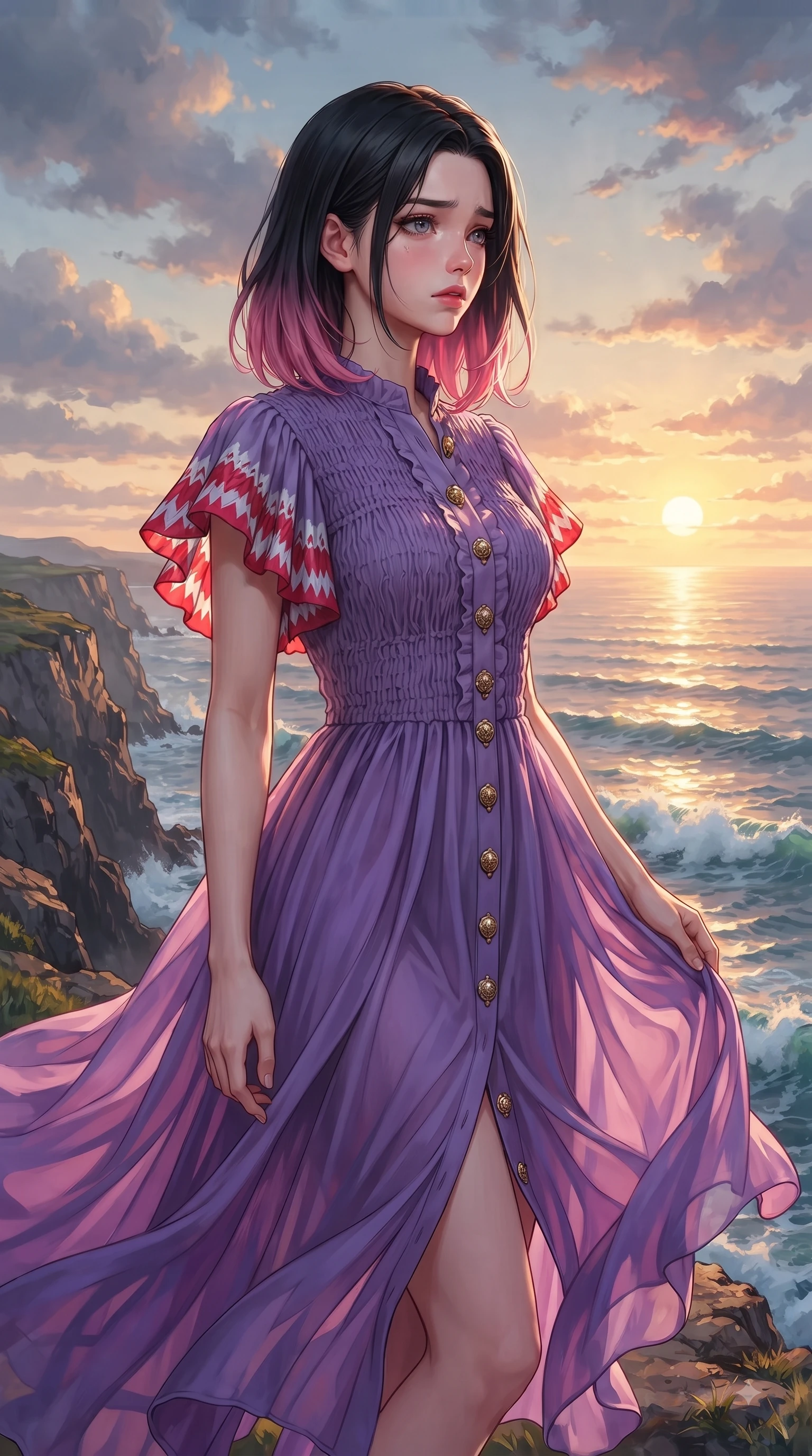 score_9, masterpiece, best quality, ultra-detailed, high-budget anime keyframe, editorial fashion photography, tasteful artistic composition, Korean woman. close-up cowboy shot from the waist and thighs up, the character dominates the composition, filling the frame with her large presence. Wistful sorrowful gaze looking distant with a delicate melancholy and emotional depth in her eyes while standing dramatically on a seaside cliff edge as golden sunset light paints the crashing ocean waves. The surrounding environment is rendered in vivid detail and crisp panoramic clarity. dramatic sea cliff textures, splashing wave foam, and vibrant sunset sky clouds in panoramic clarity. She has an exceptionally elegant, slender, and willowy female figure with an ultra-slim waist, a gracefully sculpted slender torso, and a refined silhouette. sharp v-shaped jawline, high-bridge nose, intricate jewel-like eyes with depth, thick eyelashes, glossy lips with a natural sheen, flawlessly proportioned anatomical accuracy, natural body alignment, perfectly sculpted elegant limbs, clean dynamic posture without body distortion. wearing a vivid violet chiffon gown with delicate smocked details and flutter sleeves in vibrant crimson red and crisp snow white, woven from fine lightweight chiffon fluttering gracefully, finished with gold metallic hardware buttons along the front, the fluid drape swaying gracefully with her dynamic editorial movement. illuminated by a dramatic rose-gold sky glow with vivid rim highlights. ultra-reflective glossy finish, specular highlights, metallic sheen, high-contrast stereoscopic depth, volumetric dynamic lighting, 2k, ultra detail, master piece, 9:16 ratio