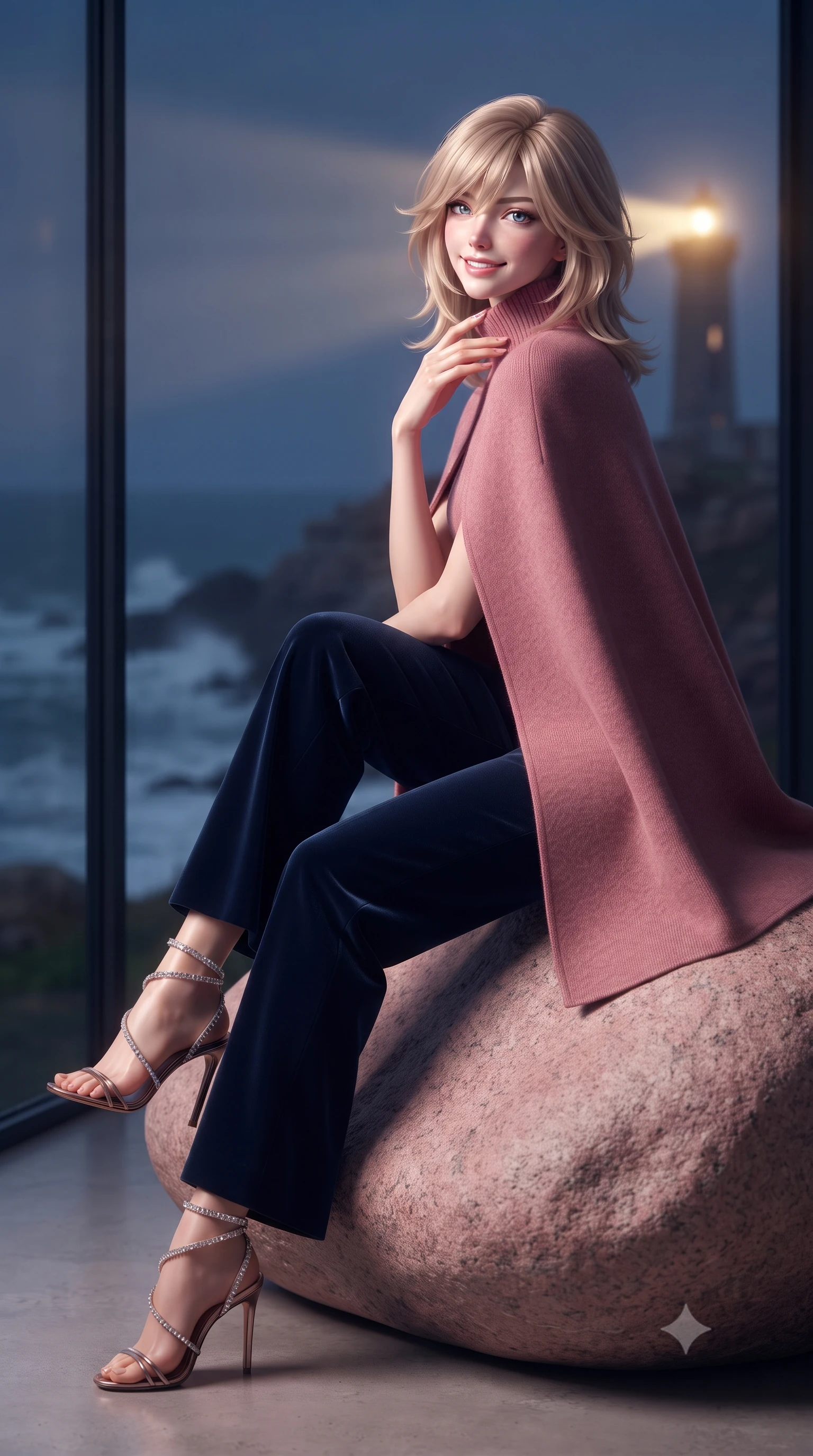 score_9, masterpiece, best quality, ultra-detailed, high-budget anime keyframe, editorial fashion photography, tasteful artistic composition, Japanese woman. low angle full-body shot from head to toe showing her feet, filling the entire 9:16 vertical frame with her statuesque presence, stretching her vertical silhouette. posing in a classic haute-couture S-curve stance beside the floor-to-ceiling window, looking over a bare shoulder with magnetic presence while sitting perched on the smooth granite rock with legs crossed, running one manicured hand slowly down her neck with effortless poise. The background shows a soft-focus salty ocean spray softened in wild Breton coastline shallow focus. She has an exceptionally tall and slender model-like 8.5-heads proportion, an ultra-slim waist, a flat toned midriff, narrow delicate ribcage, and beautifully sculpted feminine hips creating a graceful, slim hourglass silhouette without any bulky heaviness, with impossibly long slender legs. sharp v-shaped jawline, high-bridge nose, intricate jewel-like sparkling eyes with depth, thick eyelashes, glossy parted lips with a natural peach sheen, bright cheerful beaming smile with an enchanting and coquettish sensual glint, exuding both youthful cute charm and seductive allure, flawlessly proportioned anatomical accuracy, strict slender model proportions, natural body alignment, perfectly sculpted long slender limbs, ultra-slim waistline, clean dynamic posture without body distortion. wearing a bespoke high-neck cashmere knit cape coat paired with tailored wide-leg wool trousers in Brittany pink granite rose and deep Atlantic navy, tailored from ultra-plush silk velvet with rich tactile depth and deep shadow gradients, complemented by strappy stiletto sandals with crystal ankle wraps accentuating her slender calves, the impeccably tailored cut draping gracefully along her slender figure with aristocratic poise. bathed in periodic sweeping golden lighthouse lamp beams contrasted with deep navy ocean ambient and moonlight. ultra-reflective glossy finish, specular highlights, rich textural contrasts, high-contrast stereoscopic depth, volumetric dynamic lighting, 2k, ultra detail, master piece, 9:16 ratio