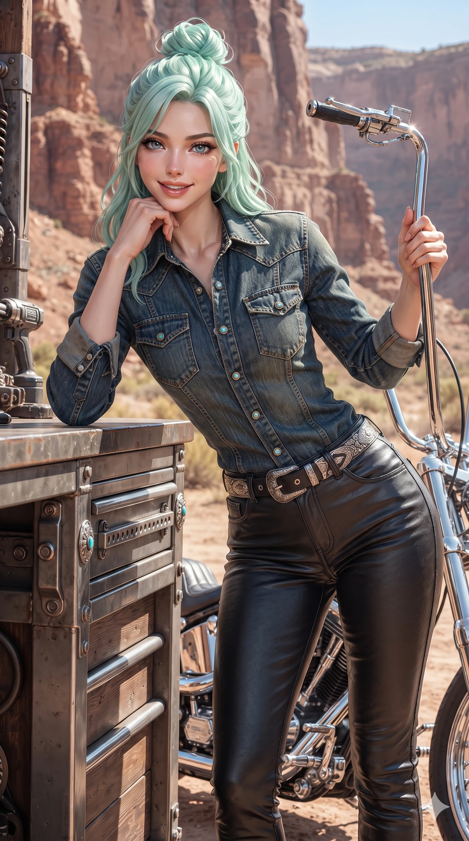 score_9, masterpiece, best quality, ultra-detailed, high-budget anime keyframe, editorial fashion photography, tasteful artistic composition, Japanese woman. close-up cowboy shot from the waist and thighs up, the character dominates the composition, filling the frame with her large presence. resting one elbow on the workbench and supporting her chin, leaning close to the camera with heavy-lidded sparkling eyes and parted lips while standing tall beside the custom chrome chopper, one hand resting on the raised handlebars while arching her lower back to emphasize her sculpted feminine hips and slender waist against the sheer canyon wall. The surrounding environment is rendered in vivid detail and crisp panoramic clarity: detailed wet-look leather pants cling, silver belt buckle engravings, and canyon geology in razor-sharp precision. She has an exceptionally elegant, slender, and willowy female figure with an ultra-slim waist, flat toned midriff, narrow ribcage, and sculpted feminine hips creating an alluring, slim hourglass silhouette without bulk. sharp v-shaped jawline, high-bridge nose, sparkling eyes with hypnotic seductive depth, thick curled eyelashes, glossy parted lips with a natural dewy peach sheen, alluring bedroom-eyes with an enchanting coquettish smile, exuding magnetic siren charisma and sophisticated glamour, flawlessly proportioned anatomical accuracy, strict slender model proportions, natural body alignment, perfectly sculpted long slender limbs, ultra-slim waistline, clean dynamic posture without body distortion. wearing a bespoke tailored denim jumpsuit with structured collar and polished western pearl snap buttons in turquoise patina and burnished vintage brass, woven from bespoke sun-bleached selvedge denim with rich tactile slub texture, accented with authentic engraved silver concho medallions and turquoise cabochons, the bespoke structured tailoring following the natural line of her 8.5-heads silhouette with refined elegance. bathed in blinding 3200K high-noon desert sunlight casting razor-sharp geometric shadows and brilliant chrome specular glints. ultra-reflective glossy finish, specular highlights, rich textural contrasts, high-contrast stereoscopic depth, volumetric dynamic lighting, 2k, ultra detail, master piece, 9:16 ratio