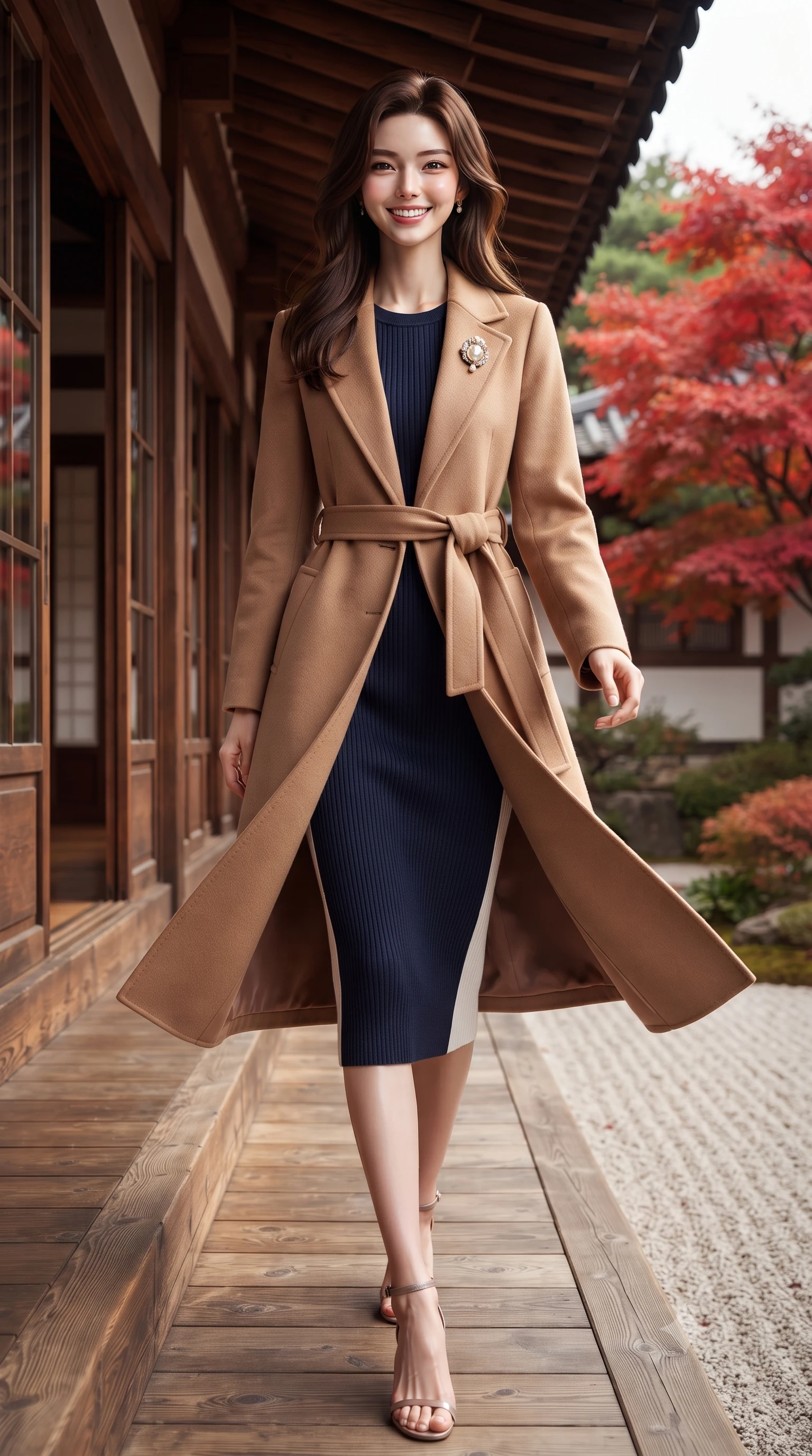 score_9, masterpiece, best quality, ultra-detailed, high-budget anime keyframe, editorial fashion photography, tasteful artistic composition, Korean woman. low angle full-body shot from head to toe showing her feet, filling the entire 9:16 vertical frame with her statuesque presence, stretching her vertical silhouette. stepping forward gracefully in mid-motion with a radiant beaming smile, her long tailored coat fluttering around her slender legs while walking along the exterior wooden gallery overlooking raked white gravel and flaming crimson maple leaves, her tailored coat flowing with poise. The surrounding environment is rendered in vivid detail and crisp panoramic clarity: sharp fine grain on polished hinoki cypress veranda planks, precise raked lines in granite sand, and maple leaf serrations in deep focus. She has an exceptionally tall and slender model-like 8.5-heads proportion, an ultra-slim waist, a flat toned midriff, narrow delicate ribcage, and beautifully sculpted feminine hips creating a graceful, slim hourglass silhouette without any bulky heaviness, with impossibly long slender legs. sharp v-shaped jawline, high-bridge nose, intricate jewel-like sparkling eyes with depth, thick eyelashes, glossy parted lips with a natural peach sheen, bright cheerful beaming smile with an enchanting and coquettish sensual glint, exuding both youthful cute charm and seductive allure, flawlessly proportioned anatomical accuracy, strict slender model proportions, natural body alignment, perfectly sculpted long slender limbs, ultra-slim waistline, clean dynamic posture without body distortion. wearing a tailored belted cashmere wrap coat in warm camel layered over a fine ribbed knit midi dress in French navy blue and crisp alabaster white, crafted from fluid mulberry silk twill with an understated lustrous pearl finish, complemented by an antique baroque pearl brooch pinned tastefully on the lapel, the sharp shoulder tailoring and gently nipped waist framing her slender torso with pristine sartorial perfection. illuminated by white gravel garden bounce and warm vermilion-gold rim lights defining her delicate features, jawline, and graceful silhouette. ultra-reflective glossy finish, specular highlights, rich textural contrasts, high-contrast stereoscopic depth, volumetric dynamic lighting, 2k, ultra detail, master piece, 9:16 ratio