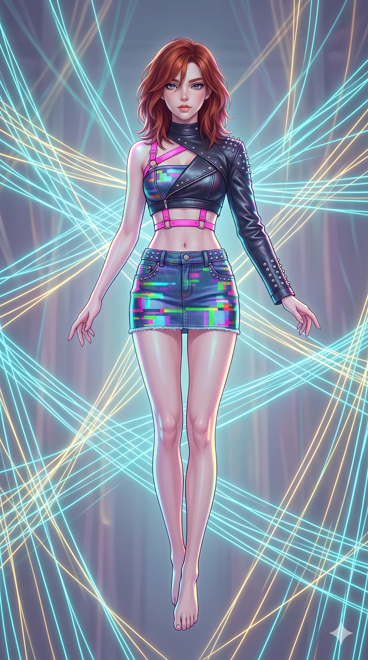 score_9, masterpiece, best quality, ultra-detailed, high-budget anime keyframe, Caucasian woman, strictly human ears. upper body close-up from the thighs up, character filling the screen for maximum presence. floating suspended in an ethereal loom room where millions of luminescent cyan and gold threads intersect and weave geometric patterns. She has an absolutely perfect 8-heads proportion, an exceptionally tall and slender female figure with impossibly long slender legs and an ultra-slim waist. V-shaped jawline, high-bridge nose, intricate jewel-like eyes with depth, thick eyelashes, glossy lips with a natural sheen.. wearing a glitch denim and studded leather outfit, featuring an RGB glitch pattern denim micro-skirt, a single-sleeve cropped leather jacket, and neon pink harness straps. enhanced by a luminous pastel spectrum glow, casting elegant rim lights on her shoulders and jawline. 2k, ultra detail, master piece, 9:16 ratio