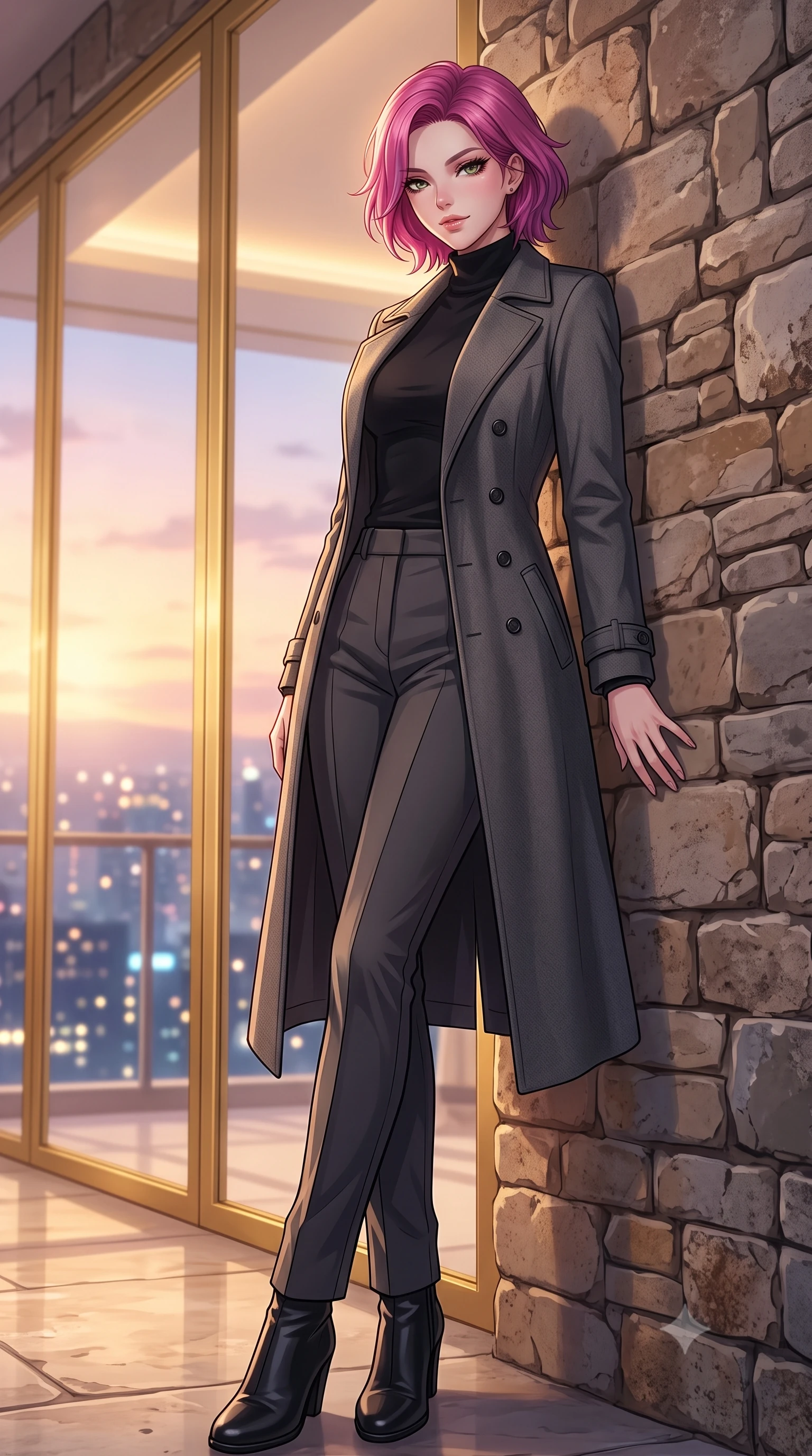 score_9, masterpiece, best quality, ultra-detailed, high-budget anime keyframe, tasteful artistic composition, Caucasian woman. low angle full-body shot from head to toe showing her feet, filling the entire 9:16 vertical frame with her statuesque presence, stretching her vertical silhouette. leaning back against a rustic stone wall, casting a slow, alluring gaze at the camera the background shows a soft-focus a luxury hotel penthouse balcony with gold glass panels showing city lights. She has an absolutely perfect, statuesque 8.5-heads proportion, an exceptionally tall and slender model-like female figure with impossibly long slender legs and an ultra-slim waist. sharp v-shaped jawline, high-bridge nose, intricate jewel-like eyes with depth, thick eyelashes, glossy lips with a natural sheen. wearing a tailored tailored wool trench coat in charcoal grey, worn closed over a black cashmere turtleneck and trousers. soft golden hour sunset glow painting the room in a romantic wash. highly saturated vibrant anime colors, cel-shading, 2d style, master piece, 9:16 ratio