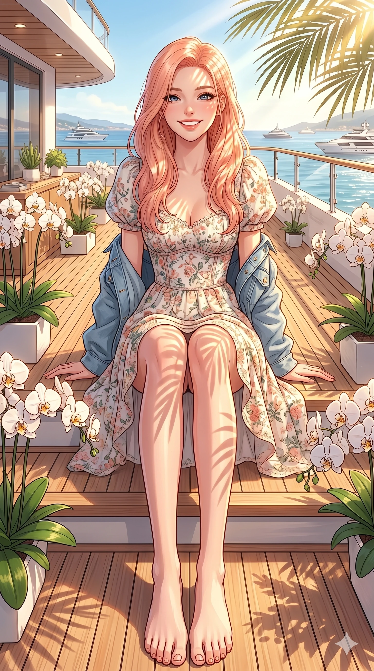 score_9, masterpiece, best quality, ultra-detailed, high-budget anime keyframe, vibrant anime aesthetic, Japanese woman. low angle full-body shot from head to toe showing her feet, filling the entire 9:16 vertical frame with her statuesque presence, stretching her vertical silhouette. She is sitting on the yacht deck, smiling brightly with a relaxed, happy expression on a private terrace of a luxury hotel suite decorated with white orchids in the sun (Code-P20-028). She has an absolutely perfect 8-heads proportion, an exceptionally tall and slender female figure with impossibly long slender legs and an ultra-slim waist. V-shaped jawline, high-bridge nose, intricate jewel-like eyes with depth, thick eyelashes, glossy lips with a natural sheen. wearing a spring floral dress with puff sleeves and denim jacket. She is drenched in brilliant afternoon sunshine, casting patterns of palm leaves over her. 2k, ultra detail, master piece, 9:16 ratio