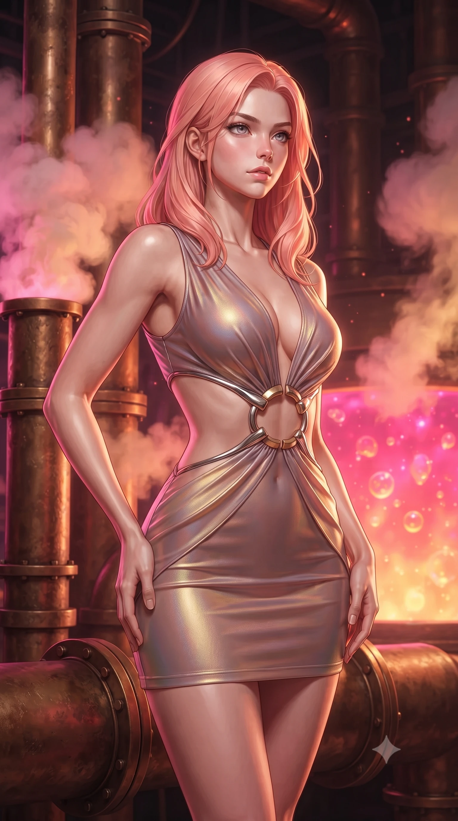 score_9, masterpiece, best quality, ultra-detailed, high-budget anime keyframe, editorial fashion photography, tasteful artistic composition, Japanese woman. close-up cowboy shot from the waist and thighs up, the character dominates the composition, filling the frame with her large presence, background elements kept in soft focus. Gazing past the camera with an air of effortless elegance and mysterious confidence poised beside giant bronze steam pipes emitting pink and amber vapor clouds, boiling liquid aurora energy radiating intense hot pink and orange light. She has an exceptionally elegant, slender, and willowy female figure with an ultra-slim waist, a gracefully sculpted slender torso, and a refined silhouette. sharp v-shaped jawline, high-bridge nose, intricate jewel-like eyes with depth, thick eyelashes, glossy lips with a natural sheen. wearing a dramatic open-waist cutout mini dress framed by sculptural hardware in dusty rose and champagne gold, crafted from iridescent chiffon that shifts colors in the light, accented with delicate chrome ring hardware framing her waist, the tailored fabric tightly following every curve of her athletic build. bathed in hot pink and orange furnace glow with sharp bronze specular highlights. ultra-reflective glossy finish, specular highlights, metallic sheen, high-contrast stereoscopic depth, volumetric dynamic lighting, 2k, ultra detail, master piece, 9:16 ratio