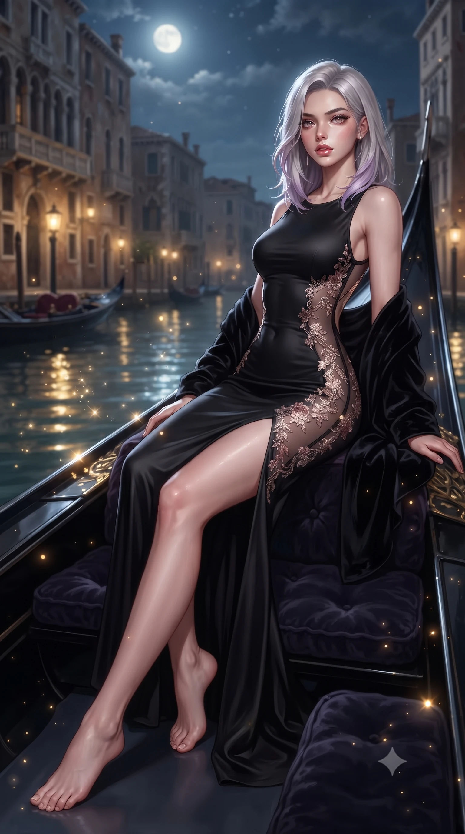 score_9, masterpiece, best quality, ultra-detailed, high-budget anime keyframe, editorial fashion photography, tasteful artistic composition, Caucasian woman. low angle full-body shot from head to toe showing her feet, filling the entire 9:16 vertical frame with her statuesque presence, stretching her vertical silhouette. sitting perched on the elevated edge with hips angled toward the camera and legs crossed, displaying her toned midriff and flawlessly sculpted slender limbs while reclining on her side across the velvet cushions of a sleek black gondola, arching her lower back with one slender leg extended as moonlit canal ripples mirror her curvy hips. The composition keeps background elements in soft focus with creamy bokeh. gondola lantern reflections and water ripple sparkles scattering radiant golden light motes. She has an exceptionally tall and slender model-like 8.5-heads proportion, an ultra-slim waist, a flat toned midriff, narrow delicate ribcage, and beautifully sculpted feminine hips creating a graceful, slim hourglass silhouette without any bulky heaviness, with impossibly long slender legs. sharp v-shaped jawline, high-bridge nose, intricate jewel-like eyes with depth, thick eyelashes, glossy parted lips with a natural sheen, intensely captivating and seductive bedroom-eyes expression, flawlessly proportioned anatomical accuracy, strict slender model proportions, natural body alignment, perfectly sculpted long slender limbs, ultra-slim waistline, clean dynamic posture without body distortion. wearing a second-skin black silk jersey maxi dress with asymmetrical sheer mesh side panels tracing the full curve of her hip in dusky blush rose and champagne shimmer, tailored from liquid silk jersey adhering flawlessly to her slender build, complemented by a plush velvet shawl draped loosely over her elbows, the precision-cut side openings and low-back scoop framing her graceful spine and the sensual sweep of her slim, toned hips. illuminated by crisp specular highlights defining her slender neckline, ultra-slim waist, and curvy hips. ultra-reflective glossy finish, specular highlights, rich textural contrasts, high-contrast stereoscopic depth, volumetric dynamic lighting, 2k, ultra detail, master piece, 9:16 ratio