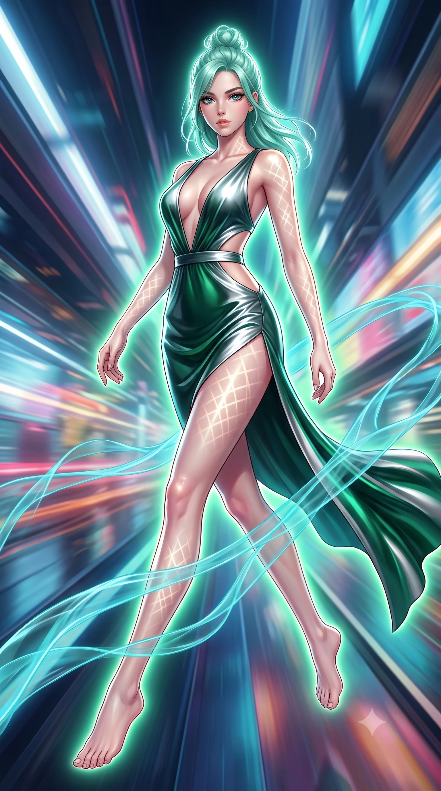score_9, masterpiece, best quality, ultra-detailed, high-budget anime keyframe, editorial fashion photography, tasteful artistic composition, Japanese woman. low angle full-body shot from head to toe showing her feet, filling the entire 9:16 vertical frame with her statuesque presence, stretching her vertical silhouette. forging dynamically through the scene with her long slender legs and ultra-slim waist creating a sweeping S-curve while floating dynamically in mid-air while weaving translucent cyan plasma ribbons around her body, intricate geometric lattice patterns of light projected onto her skin. She has an absolutely perfect, statuesque 8.5-heads proportion, an exceptionally tall and slender model-like female figure with impossibly long slender legs and an ultra-slim waist. sharp v-shaped jawline, high-bridge nose, intricate jewel-like eyes with depth, thick eyelashes, glossy lips with a natural sheen, flawlessly proportioned anatomical accuracy, natural body alignment, perfectly sculpted elegant limbs, clean dynamic posture without body distortion. wearing a liquid mercury gloss mini dress with ultra-deep V-neck and waist cutouts in deep emerald green and silver accent, crafted from lustrous satin jersey with fluid draping, finished with a sleek side slit ascending to mid-thigh, the elegant draped fit framing her graceful clavicle and slender torso. surrounded by a vibrant fluorescent aura with bright specular rim lights. highly saturated vibrant anime colors, detailed shading with soft gradients, rich glossy textures, high-contrast stereoscopic depth, volumetric dynamic lighting, master piece, 9:16 ratio