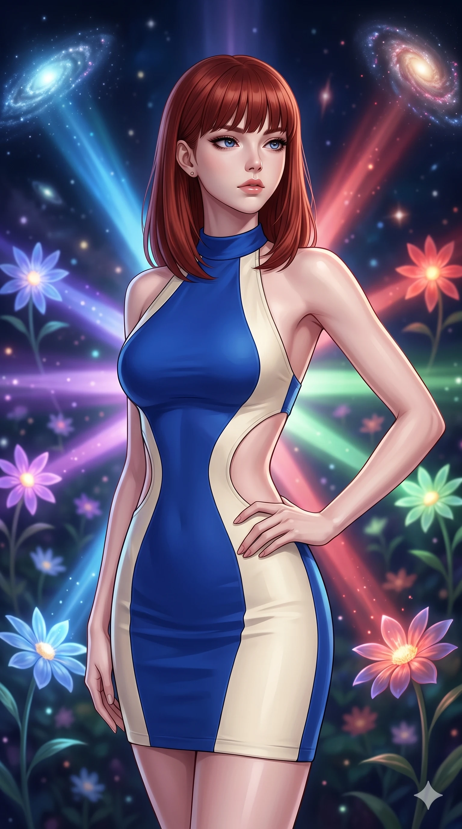 score_9, masterpiece, best quality, ultra-detailed, high-budget anime keyframe, editorial fashion photography, tasteful artistic composition, Caucasian woman, strictly human ears. close-up cowboy shot from the waist and thighs up, the character dominates the composition, filling the frame with her large presence, background elements kept in soft focus. Gazing past the camera with an air of effortless superiority. set against a soft-focus background of a cosmic garden where luminous flowers are arranged in enormous compass rose patterns each petal-arm pointing toward a different visible galaxy with stellar winds gently swaying the astral blooms. She has an exceptionally elegant and slender, willowy female figure with an ultra-slim waist, a gracefully sculpted slender torso, and a refined slim physique. sharp v-shaped jawline, high-bridge nose, intricate jewel-like eyes with depth, thick eyelashes, glossy lips with a natural sheen. wearing a structured halter-neck bodycon dress in two-tone cobalt blue and cream, with dramatic curved cutouts at the sides of the torso. each flower emits directional light in the color of the galaxy it points toward creating radiating beams of different colored light converging at the garden center. 2k, ultra detail, master piece, 9:16 ratio