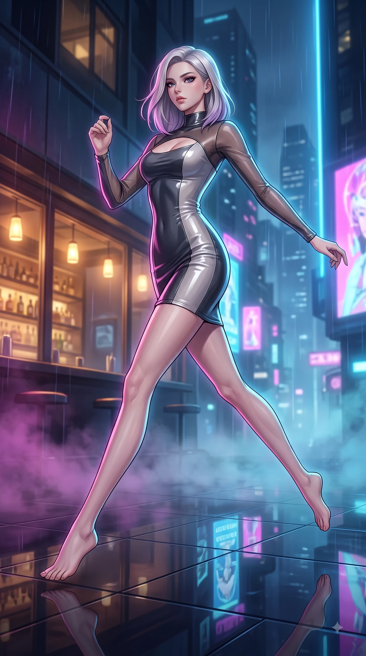 score_9, masterpiece, best quality, ultra-detailed, high-budget anime keyframe, editorial fashion photography, tasteful artistic composition, Caucasian woman. low angle full-body shot from head to toe showing her feet, filling the entire 9:16 vertical frame with her statuesque presence, stretching her vertical silhouette. leaping gracefully through mid-air with statuesque elegance, her impossibly long slender legs stretched in perfect balance while stepping across a polished obsidian floor reflecting holographic billboards in mid-air, soft urban mist scattering vibrant magenta and cyan neon rim light around her silhouette. She has an absolutely perfect, statuesque 8.5-heads proportion, an exceptionally tall and slender model-like female figure with impossibly long slender legs and an ultra-slim waist. sharp v-shaped jawline, high-bridge nose, intricate jewel-like eyes with depth, thick eyelashes, glossy lips with a natural sheen, flawlessly proportioned anatomical accuracy, natural body alignment, perfectly sculpted elegant limbs, clean dynamic posture without body distortion. wearing a sleek bodycon knit dress with strategic sheer organza sleeve panels in charcoal grey and platinum, tailored from high-gloss patent leather, accented with a Tasteful chest slit framing her clavicle gracefully, the glove-like fit emphasizing her statuesque silhouette during motion. illuminated by warm indoor bar amber light and cool rainy blue neon rim light. highly saturated vibrant anime colors, detailed shading with soft gradients, rich glossy textures, high-contrast stereoscopic depth, volumetric dynamic lighting, master piece, 9:16 ratio