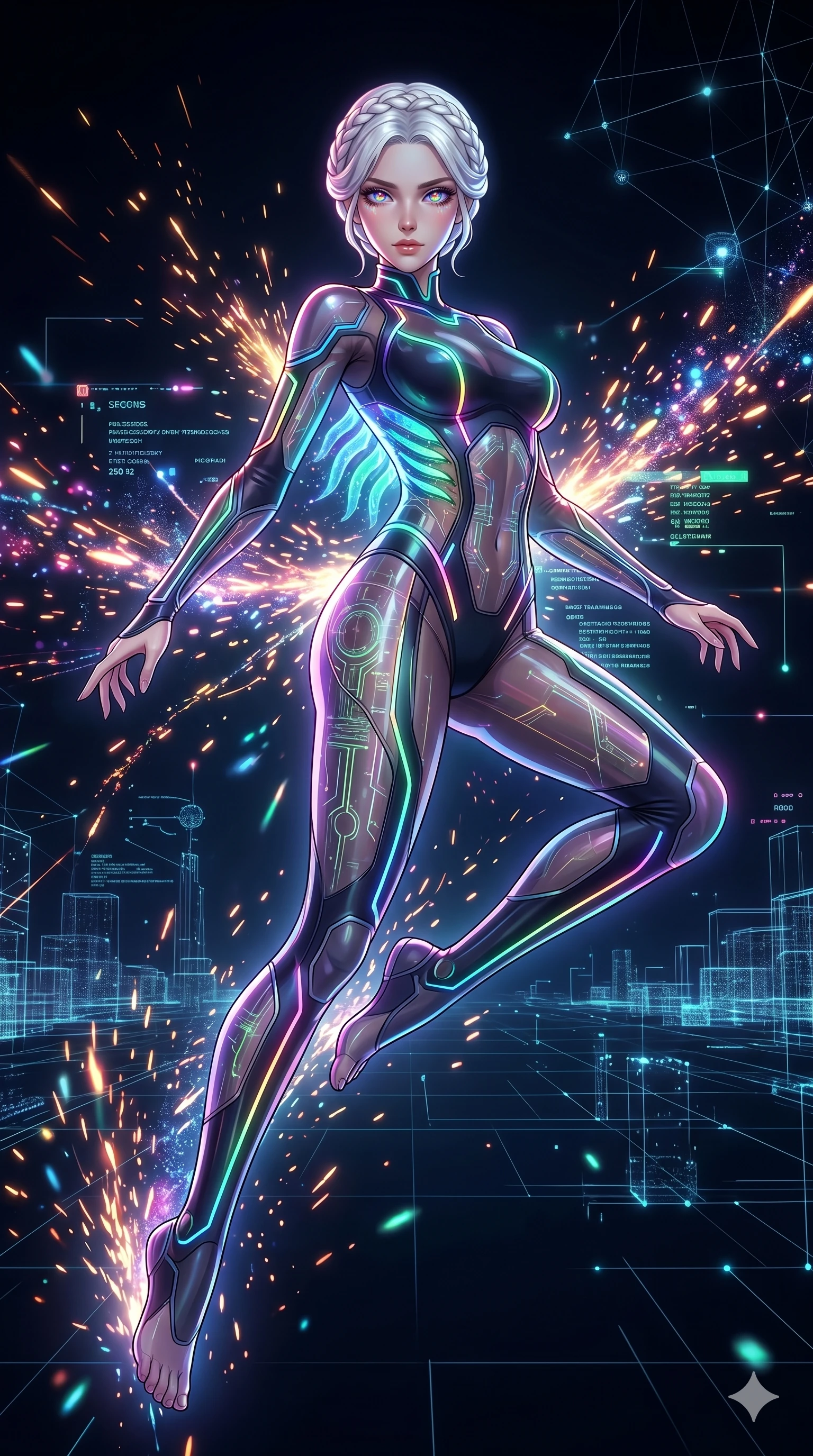 score_9, masterpiece, best quality, ultra-detailed, Set A: High-budget Anime Keyframe, Japanese woman. Low angle cowboy shot filling the entire 9:16 frame with her statuesque presence. Leaping through a virtual reality void, while her eyes glow with 250 different colors and surrounded by glowing energy sparks. She has an absolutely perfect 8-heads proportion, an exceptionally tall and slender female figure with impossibly long slender legs and an ultra-slim waist. Sharp v-shaped jawline, high-bridge nose, intricate jewel-like eyes with depth, thick eyelashes, glossy lips with a natural sheen. Wearing Neon-lit scuba suit with transparent panels and bioluminescent glowing gills. Cinematic lighting, vibrant colors, dramatic shadows, 2k, ultra detail, master piece, 9:16 ratio