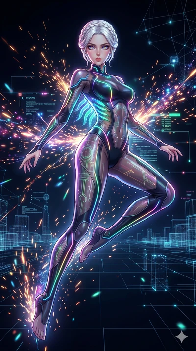 score_9, masterpiece, best quality, ultra-detailed, Set A: High-budget Anime Keyframe, Japanese woman. Low angle cowboy shot filling the entire 9:16 frame with her statuesque presence. Leaping through a virtual reality void, while her eyes glow with 