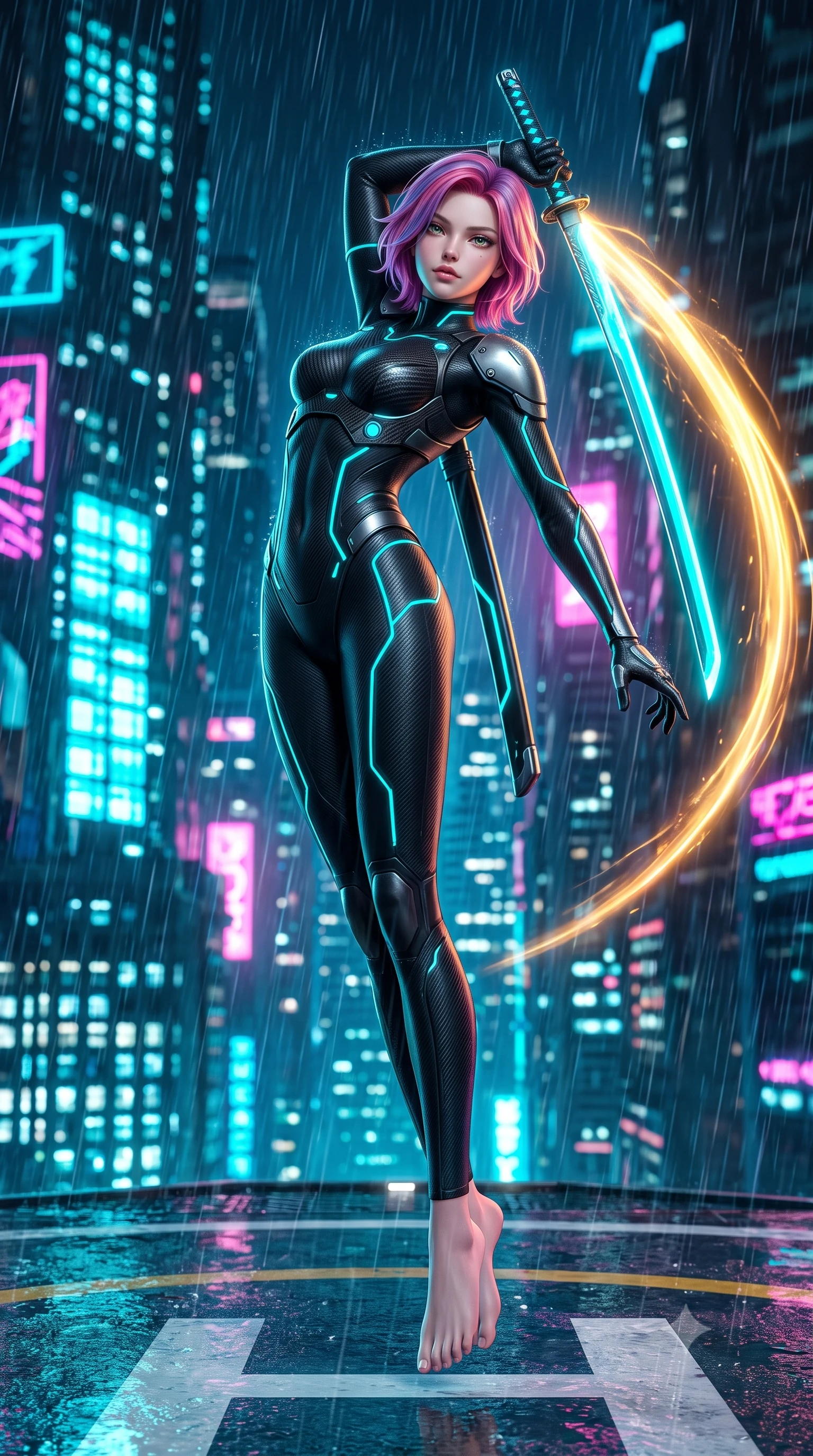 score_9, masterpiece, best quality, ultra-detailed, high-budget anime keyframe, semi-realistic 3D game render, editorial fashion photography, tasteful artistic composition, Caucasian woman. low angle full-body shot from head to toe showing her feet, filling the entire 9:16 vertical frame with her statuesque presence, stretching her vertical silhouette. arching her back gracefully in mid-air during a dynamic combat vault, her weapon energy trail framing her statuesque presence while standing with supreme combat grace on a wet skyscraper helipad amidst heavy neon rain while drawing a glowing cyan plasma katana. The composition keeps background elements in soft focus with creamy bokeh. heavy neon rain streaks and distant skyscraper light grids blurred into dazzling cyan, magenta, and charcoal bokeh. She has an absolutely perfect, statuesque 8.5-heads proportion, an exceptionally tall and slender model-like female figure with impossibly long slender legs, a toned flat midriff, and an ultra-slim waist. sharp v-shaped jawline, high-bridge nose, intricate jewel-like eyes with depth, thick eyelashes, glossy lips with a natural sheen, flawlessly proportioned anatomical accuracy, strict slender model proportions, natural body alignment, perfectly sculpted long slender limbs, ultra-slim waistline, clean dynamic posture without body distortion. wearing an aerodynamic matte-black carbon-fiber bodysuit with glowing neon cyan conduit lines, reinforced by polished titanium pauldrons, wielding a sleek holographic plasma katana with a brilliant energy blade in molten amber-gold carbon cuirass with dark titanium weave, made of liquid carbon-jersey fabric adhering flawlessly to her sculpted silhouette, featuring a sleek aerodynamic collar framed by subtle glowing cybernetic status LEDs, the form-contouring material adhering flawlessly to her sculpted flat midriff and slender torso, emphasizing her long leg lines and perfectly proportioned willowy build. surrounded by an exhilarating, fierce, and breathtakingly stylish cyber-valkyrie aura. rich saturated anime colors with glowing neon highlights, detailed shading with soft gradients, rich glossy textures, high-contrast stereoscopic depth, volumetric dynamic lighting, master piece, 9:16 ratio