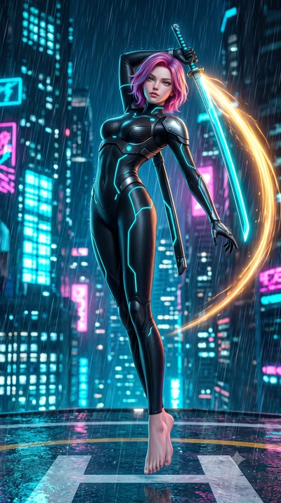 score_9, masterpiece, best quality, ultra-detailed, high-budget anime keyframe, semi-realistic 3D game render, editorial fashion photography, tasteful artistic composition, Caucasian woman. low angle full-body shot from head to toe showing her feet, 